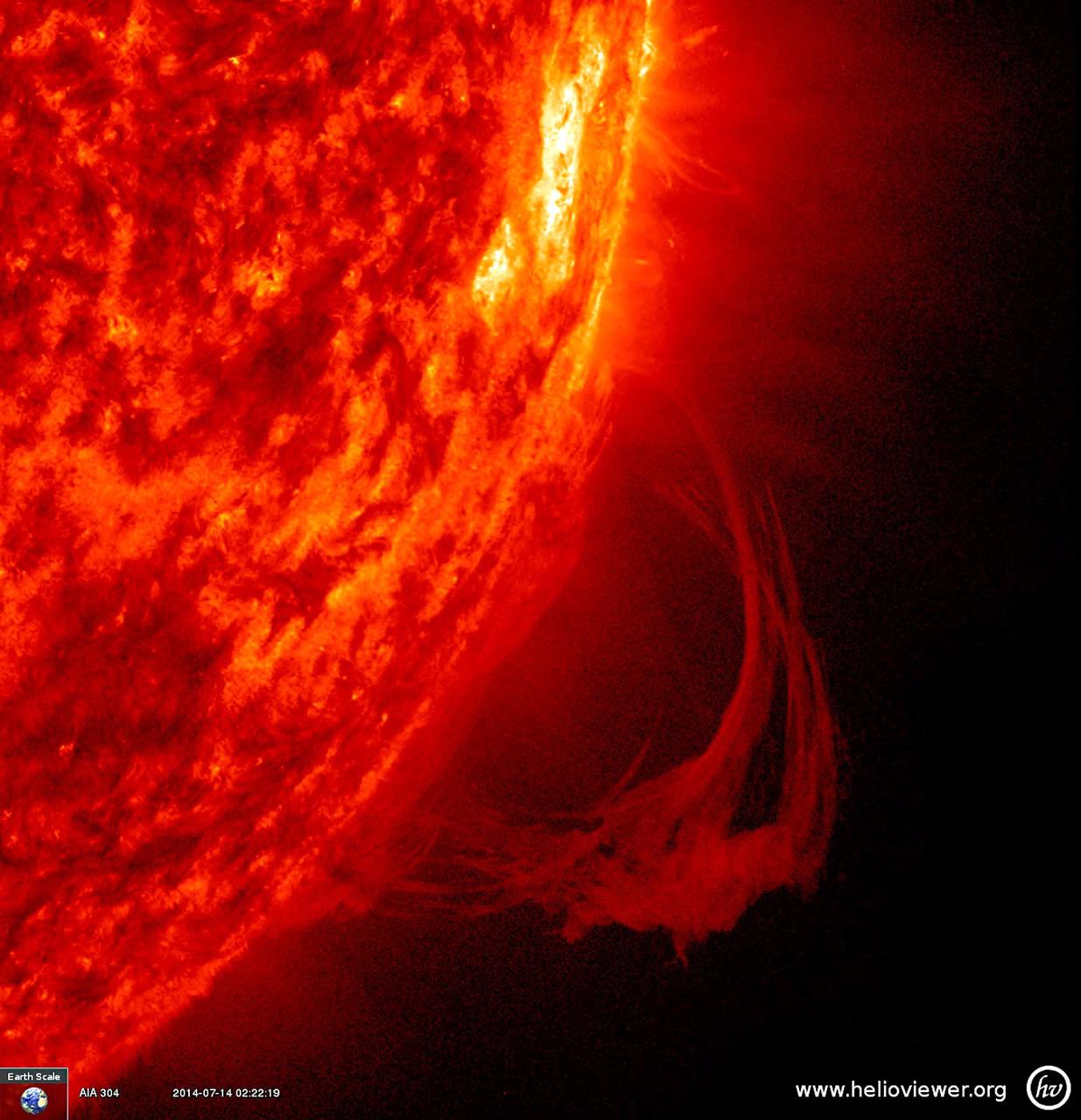 A long arch of plasma (called a prominence) was pulled this way and that by magnetic forces for a week before it finally dissipated (July 10-16, 2014). This close up was captured in extreme ultraviolet light.   The Earth scale in the lower left corner gives one a sense of the length of the prominence.   Credit: NASA/SDO  <b><a href="http://www.nasa.gov/audience/formedia/features/MP_Photo_Guidelines.html" rel="nofollow">NASA image use policy.</a></b>    <b><a href="http://www.nasa.gov/centers/goddard/home/index.html" rel="nofollow">NASA Goddard Space Flight Center</a></b> enables NASA’s mission through four scientific endeavors: Earth Science, Heliophysics, Solar System Exploration, and Astrophysics. Goddard plays a leading role in NASA’s accomplishments by contributing compelling scientific knowledge to advance the Agency’s mission.  <b>Follow us on <a href="http://twitter.com/NASAGoddardPix" rel="nofollow">Twitter</a></b>  <b>Like us on <a href="http://www.facebook.com/pages/Greenbelt-MD/NASA-Goddard/395013845897?ref=tsd" rel="nofollow">Facebook</a></b>  <b>Find us on <a href="http://instagram.com/nasagoddard?vm=grid" rel="nofollow">Instagram</a></b> 