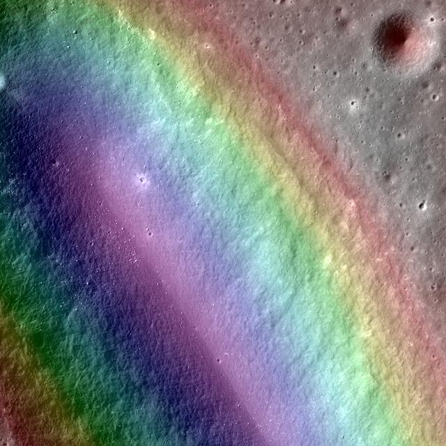 This false color image of Birt E crater shows the topography of the moon and it is thought to be the source region for lava that carved out Rima Birt, a rille in Mare Nubium. This mare is older than 3.4 billion years, and so is this vent! LROC NAC M1144849711L/R with the a color DTM overlaid; North is up. Download high res: <a href="http://lroc.sese.asu.edu/posts/794" rel="nofollow">lroc.sese.asu.edu/posts/794</a> Credit: NASA/GSFC/Arizona State University More info: Birt E crater was not created like most craters on the Moon; there was no meteorite impact. Lava sputtered out of this pyroclastic vent in Mare Nubium over 3.4 billion years ago, dispersing lava onto the surface and leaving the crater we see today. How can we tell it is a volcanic vent and not an impact crater? Impact craters and volcanic vents can be differentiated because vents often have an irregular or elongated shape (as with Birt E). Impact craters are usually circular in shape, created by the shockwave during an impact event. Also, the vee-shape of this crater is likely a product of the formation mechanism. Vee-shaped vents are thought to be formed from a pyroclastic eruption. Gasses fractionating out of the liquid rock create violent events during eruptions. Explosive eruptions created the shape that we see today, but Birt E could have had a complex history with effusive eruptions forming Rima Birt, a rille flowing from Birt E to the SE. Over long enough time scales Birt E will be filled in with ejecta from newly formed craters around Mare Nubium or by mass wasting of the walls into the crater. Let’s enjoy this ancient crater today while we still can! <b><a href="http://www.nasa.gov/audience/formedia/features/MP_Photo_Guidelines.html" rel="nofollow">NASA image use policy.</a></b> <b><a href="http://www.nasa.gov/centers/goddard/home/index.html" rel="nofollow">NASA Goddard Space Flight Center</a></b> enables NASA’s mission through four scientific endeavors: Earth Science, Heliophysics, Solar System Exploration, and Astrophysics. Goddard plays a leading role in NASA’s accomplishments by contributing compelling scientific knowledge to advance the Agency’s mission. <b>Follow us on <a href="http://twitter.com/NASAGoddardPix" rel="nofollow">Twitter</a></b> <b>Like us on <a href="http://www.facebook.com/pages/Greenbelt-MD/NASA-Goddard/395013845897?ref=tsd" rel="nofollow">Facebook</a></b> <b>Find us on <a href="http://instagram.com/nasagoddard?vm=grid" rel="nofollow">Instagram</a></b>