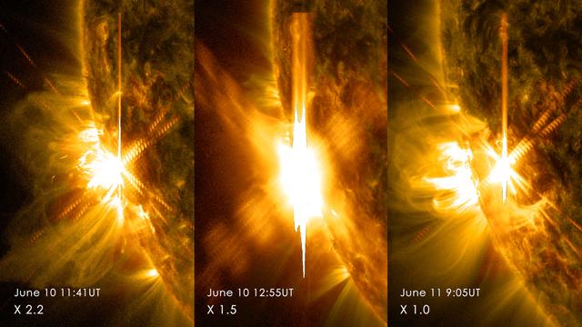 Three X-class flares erupted from the left side of the sun June 10-11, 2014. These images are from NASA's Solar Dynamics Observatory and show light in a blend of two ultraviolet wavelengths: 171 and 131 angstroms. The former is colorized in yellow; the latter, in red. Read more: <a href="http://1.usa.gov/1lneJ3p" rel="nofollow">1.usa.gov/1lneJ3p</a> Credit: NASA/SDO <b><a href="http://www.nasa.gov/audience/formedia/features/MP_Photo_Guidelines.html" rel="nofollow">NASA image use policy.</a></b> <b><a href="http://www.nasa.gov/centers/goddard/home/index.html" rel="nofollow">NASA Goddard Space Flight Center</a></b> enables NASA’s mission through four scientific endeavors: Earth Science, Heliophysics, Solar System Exploration, and Astrophysics. Goddard plays a leading role in NASA’s accomplishments by contributing compelling scientific knowledge to advance the Agency’s mission. <b>Follow us on <a href="http://twitter.com/NASAGoddardPix" rel="nofollow">Twitter</a></b> <b>Like us on <a href="http://www.facebook.com/pages/Greenbelt-MD/NASA-Goddard/395013845897?ref=tsd" rel="nofollow">Facebook</a></b> <b>Find us on <a href="http://instagram.com/nasagoddard?vm=grid" rel="nofollow">Instagram</a></b>
