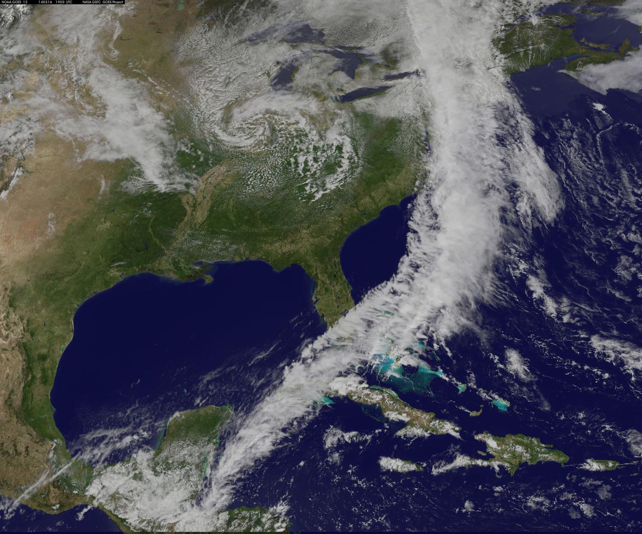 NOAA's GOES-East satellite captured an image of a powerful cold front that triggered flash flood watches and warnings along the U.S. East Coast on May 16. NOAA's National Weather Service noted flash flooding was possible from New England into eastern North Carolina today, May 16.   The clouds associated with the long cold front was captured using visible data from NOAA's GOES-East or GOES-13 satellite on at 1900 UTC (3:00 p.m. EDT) and was made into an image by NASA/NOAA's GOES Project at NASA's Goddard Space Flight Center in Greenbelt, Md.  The clouds stretched from Maine south through the Mid-Atlantic down to southern Florida with a tail of clouds extending into the western Caribbean Sea.   South of Lake Michigan the rounded swirl of clouds indicates another low pressure system.    GOES satellites provide the kind of continuous monitoring necessary for intensive data analysis. Geostationary describes an orbit in which a satellite is always in the same position with respect to the rotating Earth. This allows GOES to hover continuously over one position on Earth's surface, appearing stationary. As a result, GOES provide a constant vigil for the atmospheric &quot;triggers&quot; for severe weather conditions such as tornadoes, flash floods, hail storms and hurricanes.   For updated information about the storm system, visit NOAA's National Weather Service website: <a href="http://www.weather.gov" rel="nofollow">www.weather.gov</a>  For more information about GOES satellites, visit: <a href="http://www.goes.noaa.gov/" rel="nofollow">www.goes.noaa.gov/</a> or <a href="http://goes.gsfc.nasa.gov/" rel="nofollow">goes.gsfc.nasa.gov/</a>  Rob Gutro NASA's Goddard Space Flight Center  <b><a href="http://www.nasa.gov/audience/formedia/features/MP_Photo_Guidelines.html" rel="nofollow">NASA image use policy.</a></b>   <b><a href="http://www.nasa.gov/centers/goddard/home/index.html" rel="nofollow">NASA Goddard Space Flight Center</a></b> enables NASA’s mission through four scientific endeavors: Earth Science, Heliophysics, Solar System Exploration, and Astrophysics. Goddard plays a leading role in NASA’s accomplishments by contributing compelling scientific knowledge to advance the Agency’s mission.   <b>Follow us on <a href="http://twitter.com/NASAGoddardPix" rel="nofollow">Twitter</a></b>   <b>Like us on <a href="http://www.facebook.com/pages/Greenbelt-MD/NASA-Goddard/395013845897?ref=tsd" rel="nofollow">Facebook</a></b>   <b>Find us on <a href="http://instagram.com/nasagoddard?vm=grid" rel="nofollow">Instagram</a></b> 