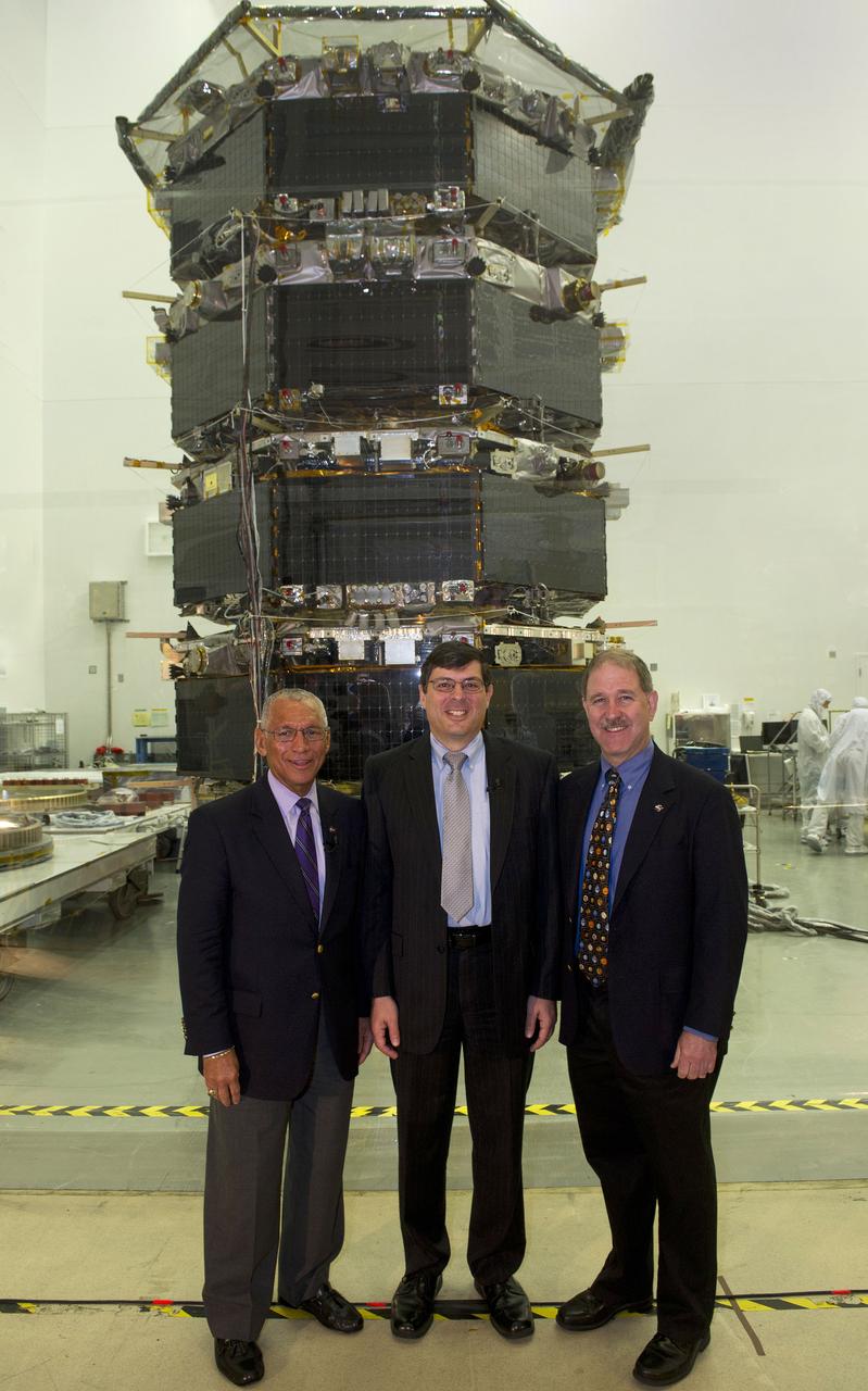 NASA Administrator Charles Bolden got a firsthand look at work being done on the four Magnetospheric Multiscale (MMS) spacecraft during his visit to the agency's Goddard Space Flight Center in Greenbelt, Maryland, on May 12. Standing 20 feet high inside a Goddard clean room, the spacecraft were in their "four-stack" formation, similar to how they will be arranged inside their launch vehicle. The MMS spacecraft recently completed vibration testing. With MMS as a backdrop, Bolden and Goddard Center Director Chris Scolese discussed the mission, ground testing and preparations for launch with project personnel. Read more: <a href="http://go.nasa.gov/1jSza7E" rel="nofollow">go.nasa.gov/1jSza7E</a> Credit: NASA/Goddard/Bill Hrybyk <b><a href="http://www.nasa.gov/audience/formedia/features/MP_Photo_Guidelines.html" rel="nofollow">NASA image use policy.</a></b> <b><a href="http://www.nasa.gov/centers/goddard/home/index.html" rel="nofollow">NASA Goddard Space Flight Center</a></b> enables NASA’s mission through four scientific endeavors: Earth Science, Heliophysics, Solar System Exploration, and Astrophysics. Goddard plays a leading role in NASA’s accomplishments by contributing compelling scientific knowledge to advance the Agency’s mission. <b>Follow us on <a href="http://twitter.com/NASAGoddardPix" rel="nofollow">Twitter</a></b> <b>Like us on <a href="http://www.facebook.com/pages/Greenbelt-MD/NASA-Goddard/395013845897?ref=tsd" rel="nofollow">Facebook</a></b> <b>Find us on <a href="http://instagram.com/nasagoddard?vm=grid" rel="nofollow">Instagram</a></b>