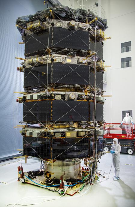 MMS Stacked – View of the fully stacked MMS prior to being bagged for vibration tests.  Learn more about MMS at <a href="http://www.nasa.gov/mms" rel="nofollow">www.nasa.gov/mms</a>   Credit NASA/Chris Gunn  The Magnetospheric Multiscale, or MMS, will study how the sun and the Earth's magnetic fields connect and disconnect, an explosive process that can accelerate particles through space to nearly the speed of light. This process is called magnetic reconnection and can occur throughout all space.   <b><a href="http://www.nasa.gov/audience/formedia/features/MP_Photo_Guidelines.html" rel="nofollow">NASA image use policy.</a></b>  <b><a href="http://www.nasa.gov/centers/goddard/home/index.html" rel="nofollow">NASA Goddard Space Flight Center</a></b> enables NASA’s mission through four scientific endeavors: Earth Science, Heliophysics, Solar System Exploration, and Astrophysics. Goddard plays a leading role in NASA’s accomplishments by contributing compelling scientific knowledge to advance the Agency’s mission.  <b>Follow us on <a href="http://twitter.com/NASAGoddardPix" rel="nofollow">Twitter</a></b>  <b>Like us on <a href="http://www.facebook.com/pages/Greenbelt-MD/NASA-Goddard/395013845897?ref=tsd" rel="nofollow">Facebook</a></b>  <b>Find us on <a href="http://instagram.com/nasagoddard?vm=grid" rel="nofollow">Instagram</a></b>