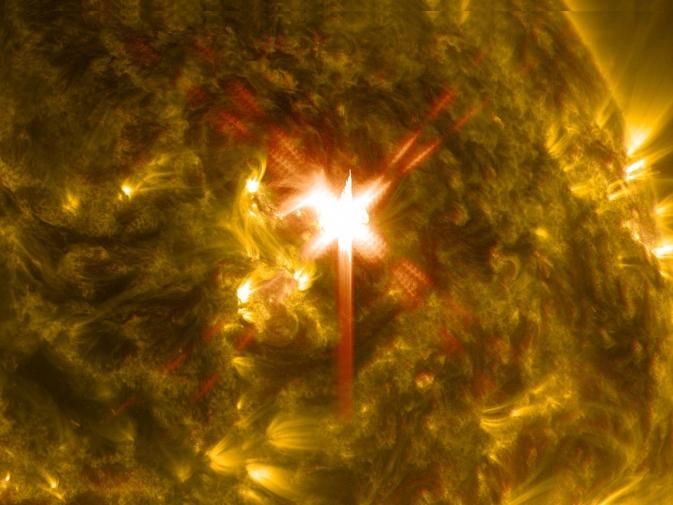 Extreme ultraviolet light streams out of an X-class solar flare as seen in this image captured on March 29, 2014, by NASA's Solar Dynamics Observatory. This image blends two wavelengths of light: 304 and 171 Angstroms, which help scientists observe the lower levels of the sun's atmosphere.  More info: The sun emitted a significant solar flare, peaking at 1:48 p.m. EDT March 29, 2014, and NASA's Solar Dynamics Observatory captured images of the event. Solar flares are powerful bursts of radiation. Harmful radiation from a flare cannot pass through Earth's atmosphere to physically affect humans on the ground, however -- when intense enough -- they can disturb the atmosphere in the layer where GPS and communications signals travel.  To see how this event impacted Earth, please visit NOAA's Space Weather Prediction Center at <a href="http://spaceweather.gov" rel="nofollow">spaceweather.gov</a>, the U.S. government's official source for space weather forecasts, alerts, watches and warnings.  This flare is classified as an X.1-class flare. X-class denotes the most intense flares, while the number provides more information about its strength. An X2 is twice as intense as an X1, an X3 is three times as intense, etc.  Credit: NASA/SDO  <b><a href="http://www.nasa.gov/audience/formedia/features/MP_Photo_Guidelines.html" rel="nofollow">NASA image use policy.</a></b>  <b><a href="http://www.nasa.gov/centers/goddard/home/index.html" rel="nofollow">NASA Goddard Space Flight Center</a></b> enables NASA’s mission through four scientific endeavors: Earth Science, Heliophysics, Solar System Exploration, and Astrophysics. Goddard plays a leading role in NASA’s accomplishments by contributing compelling scientific knowledge to advance the Agency’s mission.  <b>Follow us on <a href="http://twitter.com/NASAGoddardPix" rel="nofollow">Twitter</a></b>  <b>Like us on <a href="http://www.facebook.com/pages/Greenbelt-MD/NASA-Goddard/395013845897?ref=tsd" rel="nofollow">Facebook</a></b>  <b>Find us on <a href="http://instagram.com/nasagoddard?vm=grid" rel="nofollow">Instagram</a></b>