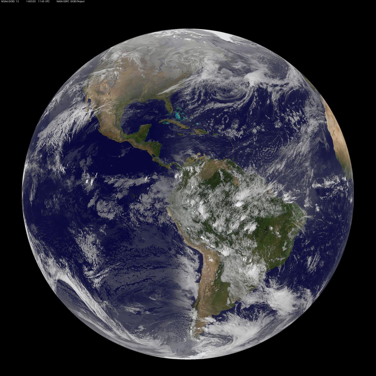 This full-disk image from NOAA’s GOES-13 satellite was captured at 11:45 UTC (7:45 a.m. EDT) and shows the Americas on March 20, 2014. This date marks the start of astronomical spring in the northern hemisphere.  <b><a href="http://goes.gsfc.nasa.gov/" rel="nofollow">Credit: NOAA/NASA GOES Project</a></b>  <b><a href="http://www.nasa.gov/audience/formedia/features/MP_Photo_Guidelines.html" rel="nofollow">NASA image use policy.</a></b>  <b><a href="http://www.nasa.gov/centers/goddard/home/index.html" rel="nofollow">NASA Goddard Space Flight Center</a></b> enables NASA’s mission through four scientific endeavors: Earth Science, Heliophysics, Solar System Exploration, and Astrophysics. Goddard plays a leading role in NASA’s accomplishments by contributing compelling scientific knowledge to advance the Agency’s mission.  <b>Follow us on <a href="http://twitter.com/NASAGoddardPix" rel="nofollow">Twitter</a></b>  <b>Like us on <a href="http://www.facebook.com/pages/Greenbelt-MD/NASA-Goddard/395013845897?ref=tsd" rel="nofollow">Facebook</a></b>  <b>Find us on <a href="http://instagram.com/nasagoddard?vm=grid" rel="nofollow">Instagram</a></b>