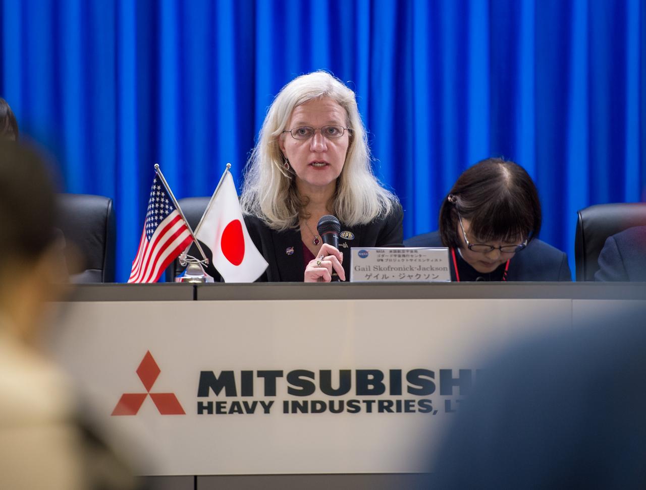 Gail Skofronick-Jackson, NASA GPM Project Scientist, talks during a science briefing for the launch of the Global Precipitation Measurement (GPM) Core Observatory aboard an H-IIA rocket, Wednesday, Feb. 26, 2014, Tanegashima Space Center, Japan. Launch is scheduled for early in the morning of Feb. 28 Japan time. Once launched, the GPM spacecraft will collect information that unifies data from an international network of existing and future satellites to map global rainfall and snowfall every three hours.  Photo Credit: (NASA/Bill Ingalls)