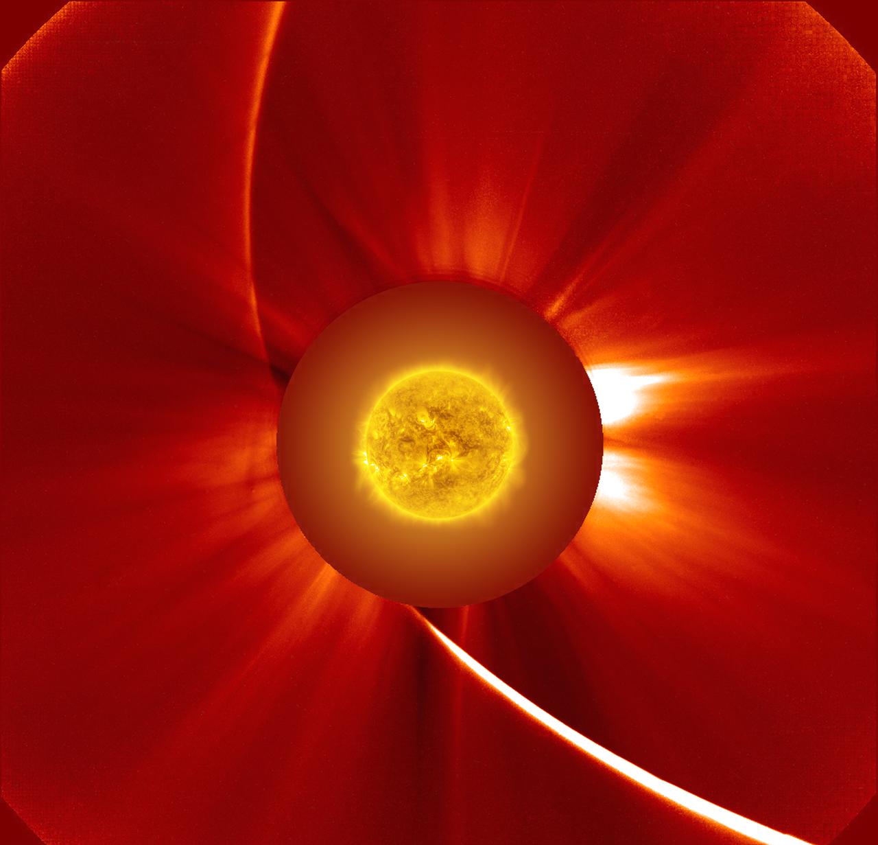 This view captures the transformation of Comet ISON as it rounded the sun. It combines 60 SOHO C2 frames in which ISON appears (Nov. 28, 1248 UT,  to Nov. 29, 0316 UT) with stars, noise and particle tracks removed, plus an SDO AIA 171 image of the sun taken just before the spacecraft attempted to image the comet near perihelion.   Credit: NASA/ESA/SOHO,  NASA/SDO, and Francis Reddy  <b><a href="http://www.nasa.gov/audience/formedia/features/MP_Photo_Guidelines.html" rel="nofollow">NASA image use policy.</a></b>  <b><a href="http://www.nasa.gov/centers/goddard/home/index.html" rel="nofollow">NASA Goddard Space Flight Center</a></b> enables NASA’s mission through four scientific endeavors: Earth Science, Heliophysics, Solar System Exploration, and Astrophysics. Goddard plays a leading role in NASA’s accomplishments by contributing compelling scientific knowledge to advance the Agency’s mission.  <b>Follow us on <a href="http://twitter.com/NASA_GoddardPix" rel="nofollow">Twitter</a></b>  <b>Like us on <a href="http://www.facebook.com/pages/Greenbelt-MD/NASA-Goddard/395013845897?ref=tsd" rel="nofollow">Facebook</a></b>  <b>Find us on <a href="http://instagram.com/nasagoddard?vm=grid" rel="nofollow">Instagram</a></b>