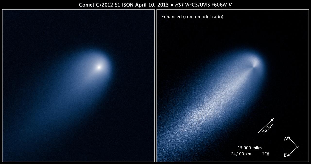This NASA Hubble Space Telescope image of Comet (C/2012 S1) ISON was photographed on April 10, 2013, when the comet was slightly closer than Jupiter's orbit at a distance of 394 million miles from Earth.  Even at that great distance the comet is already active as sunlight warms the surface and causes frozen volatiles to boil off. Astronomers used such early images to try to measure the size of the nucleus, in order to predict whether the comet would stay intact when it slingshots around the sun -- at 700,000 miles above the sun's surface  -- on Nov. 28, 2013.  The comet's dusty coma, or head of the comet, is approximately 3,100 miles across, or 1.2 times the width of Australia. A dust tail extends more than 57,000 miles, far beyond Hubble's field of view.  This image was taken in visible light. The blue false color was added to bring out details in the comet structure. Credit: NASA/ ESA/STScI/AURA   --------  More details on Comet ISON:  Comet ISON began its trip from the Oort cloud region of our solar system and is now travelling toward the sun. The comet will reach its closest approach to the sun on Thanksgiving Day -- 28 Nov 2013 -- skimming just 730,000 miles above the sun's surface. If it comes around the sun without breaking up, the comet will be visible in the Northern Hemisphere with the naked eye, and from what we see now, ISON is predicted to be a particularly bright and beautiful comet.  Catalogued as C/2012 S1, Comet ISON was first spotted 585 million miles away in September 2012. This is ISON's very first trip around the sun, which means it is still made of pristine matter from the earliest days of the solar system’s formation, its top layers never having been lost by a trip near the sun. Comet ISON is, like all comets, a dirty snowball made up of dust and frozen gases like water, ammonia, methane and carbon dioxide -- some of the fundamental building blocks that scientists believe led to the formation of the planets 4.5 billion years ago.   NASA has been using a vast fleet of spacecraft, instruments, and space- and Earth-based telescope, in order to learn more about this time capsule from when the solar system first formed.   The journey along the way for such a sun-grazing comet can be dangerous. A giant ejection of solar material from the sun could rip its tail off. Before it reaches Mars -- at some 230 million miles away from the sun -- the radiation of the sun begins to boil its water, the first step toward breaking apart. And, if it survives all this, the intense radiation and pressure as it flies near the surface of the sun could destroy it altogether.   This collection of images show ISON throughout that journey, as scientists watched to see whether the comet would break up or remain intact.    The comet reaches its closest approach to the sun on Thanksgiving Day -- Nov. 28, 2013 -- skimming just 730,000 miles above the sun’s surface. If it comes around the sun without breaking up, the comet will be visible in the Northern Hemisphere with the naked eye, and from what we see now, ISON is predicted to be a particularly bright and beautiful comet.   ISON stands for International Scientific Optical Network, a group of observatories in ten countries who have organized to detect, monitor, and track objects in space. ISON is managed by the Keldysh Institute of Applied Mathematics, part of the Russian Academy of Sciences.  <b><a href="http://www.nasa.gov/audience/formedia/features/MP_Photo_Guidelines.html" rel="nofollow">NASA image use policy.</a></b>  <b><a href="http://www.nasa.gov/centers/goddard/home/index.html" rel="nofollow">NASA Goddard Space Flight Center</a></b> enables NASA’s mission through four scientific endeavors: Earth Science, Heliophysics, Solar System Exploration, and Astrophysics. Goddard plays a leading role in NASA’s accomplishments by contributing compelling scientific knowledge to advance the Agency’s mission.  <b>Follow us on <a href="http://twitter.com/NASA_GoddardPix" rel="nofollow">Twitter</a></b>  <b>Like us on &lt;a href=&quot;http://www.facebook.com/pages/Greenbelt-MD/NASA-Godd</b>