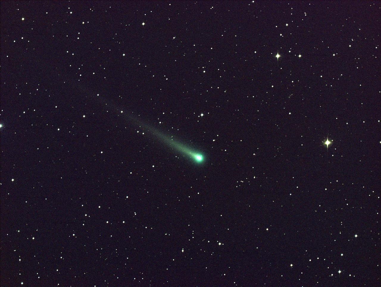 Date: 8 Nov 2013 - Comet ISON shines in this five-minute exposure taken at NASA's Marshall Space Flight Center on Nov. 8, 2013.. The image was captured using a color CCD camera attached to a 14" telescope located at Marshall. At the time of this picture, comet ISON was 97 million miles from Earth, moving ever closer toward the sun. Credit: NASA/MSFC/Aaron Kingery -------- More details on Comet ISON: Comet ISON began its trip from the Oort cloud region of our solar system and is now travelling toward the sun. The comet will reach its closest approach to the sun on Thanksgiving Day -- 28 Nov 2013 -- skimming just 730,000 miles above the sun's surface. If it comes around the sun without breaking up, the comet will be visible in the Northern Hemisphere with the naked eye, and from what we see now, ISON is predicted to be a particularly bright and beautiful comet. Catalogued as C/2012 S1, Comet ISON was first spotted 585 million miles away in September 2012. This is ISON's very first trip around the sun, which means it is still made of pristine matter from the earliest days of the solar system’s formation, its top layers never having been lost by a trip near the sun. Comet ISON is, like all comets, a dirty snowball made up of dust and frozen gases like water, ammonia, methane and carbon dioxide -- some of the fundamental building blocks that scientists believe led to the formation of the planets 4.5 billion years ago. NASA has been using a vast fleet of spacecraft, instruments, and space- and Earth-based telescope, in order to learn more about this time capsule from when the solar system first formed. The journey along the way for such a sun-grazing comet can be dangerous. A giant ejection of solar material from the sun could rip its tail off. Before it reaches Mars -- at some 230 million miles away from the sun -- the radiation of the sun begins to boil its water, the first step toward breaking apart. And, if it survives all this, the intense radiation and pressure as it flies near the surface of the sun could destroy it altogether. This collection of images show ISON throughout that journey, as scientists watched to see whether the comet would break up or remain intact. The comet reaches its closest approach to the sun on Thanksgiving Day -- Nov. 28, 2013 -- skimming just 730,000 miles above the sun’s surface. If it comes around the sun without breaking up, the comet will be visible in the Northern Hemisphere with the naked eye, and from what we see now, ISON is predicted to be a particularly bright and beautiful comet. ISON stands for International Scientific Optical Network, a group of observatories in ten countries who have organized to detect, monitor, and track objects in space. ISON is managed by the Keldysh Institute of Applied Mathematics, part of the Russian Academy of Sciences. <b><a href="http://www.nasa.gov/audience/formedia/features/MP_Photo_Guidelines.html" rel="nofollow">NASA image use policy.</a></b> <b><a href="http://www.nasa.gov/centers/goddard/home/index.html" rel="nofollow">NASA Goddard Space Flight Center</a></b> enables NASA’s mission through four scientific endeavors: Earth Science, Heliophysics, Solar System Exploration, and Astrophysics. Goddard plays a leading role in NASA’s accomplishments by contributing compelling scientific knowledge to advance the Agency’s mission. <b>Follow us on <a href="http://twitter.com/NASA_GoddardPix" rel="nofollow">Twitter</a></b> <b>Like us on <a href="http://www.facebook.com/pages/Greenbelt-MD/NASA-Goddard/395013845897?ref=tsd" rel="nofollow">Facebook</a></b> <b>Find us on <a href="http://instagram.com/nasagoddard?vm=grid" rel="nofollow">Instagram</a></b>