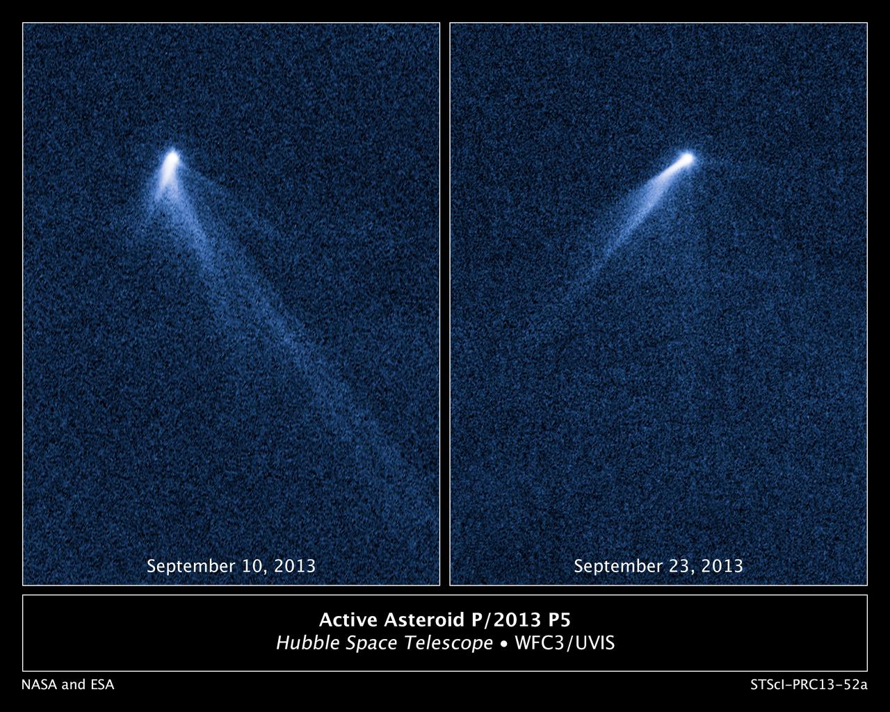 This NASA Hubble Space Telescope set of images reveals a never-before-seen set of six comet-like tails radiating from a body in the asteroid belt, designated P/2013 P5.  The asteroid was discovered as an unusually fuzzy-looking object with the Panoramic Survey Telescope and Rapid Response System (Pan-STARRS) survey telescope in Hawaii. The multiple tails were discovered in Hubble images taken on Sept. 10, 2013. When Hubble returned to the asteroid on Sept. 23, the asteroid's appearance had totally changed. It looked as if the entire structure had swung around.  One interpretation is that the asteroid's rotation rate has been increased to the point where dust is falling off the surface and escaping into space where the pressure of sunlight sweeps out fingerlike tails. According to this theory, the asteroid's spin has been accelerated by the gentle push of sunlight. The object, estimated to be no more than 1,400 feet across, has ejected dust for at least five months, based on analysis of the tail structure.  These visible-light, false-color images were taken with Hubble's Wide Field Camera 3.  Object Name: P/2013 P5  Image Type: Astronomical/Annotated  Credit: NASA, ESA, and D. Jewitt (UCLA)  <b><a href="http://www.nasa.gov/audience/formedia/features/MP_Photo_Guidelines.html" rel="nofollow">NASA image use policy.</a></b>  <b><a href="http://www.nasa.gov/centers/goddard/home/index.html" rel="nofollow">NASA Goddard Space Flight Center</a></b> enables NASA’s mission through four scientific endeavors: Earth Science, Heliophysics, Solar System Exploration, and Astrophysics. Goddard plays a leading role in NASA’s accomplishments by contributing compelling scientific knowledge to advance the Agency’s mission.  <b>Follow us on <a href="http://twitter.com/NASA_GoddardPix" rel="nofollow">Twitter</a></b>  <b>Like us on <a href="http://www.facebook.com/pages/Greenbelt-MD/NASA-Goddard/395013845897?ref=tsd" rel="nofollow">Facebook</a></b>  <b>Find us on <a href="http://instagram.com/nasagoddard?vm=grid" rel="nofollow">Instagram</a></b>