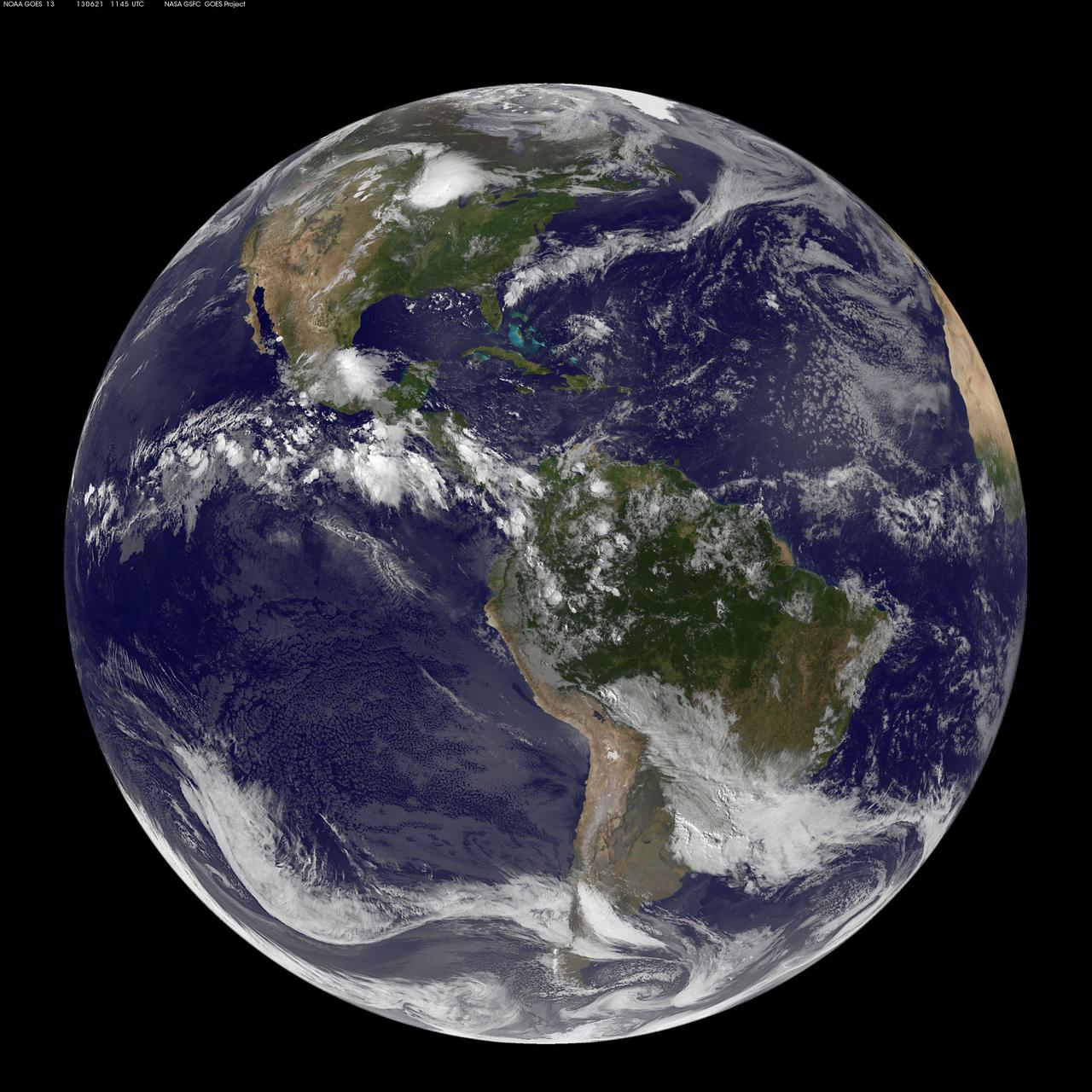 This full-disk image from NOAA’s GOES-13 satellite was captured at 11:45 UTC (7:45 a.m. EDT) and shows the Americas on June 21, 2012. This date marks the start of astronomical summer in the northern hemisphere, making it the longest day of the year! <b><a href="http://www.nasa.gov/audience/formedia/features/MP_Photo_Guidelines.html" rel="nofollow">NASA image use policy.</a></b> <b><a href="http://www.nasa.gov/centers/goddard/home/index.html" rel="nofollow">NASA Goddard Space Flight Center</a></b> enables NASA’s mission through four scientific endeavors: Earth Science, Heliophysics, Solar System Exploration, and Astrophysics. Goddard plays a leading role in NASA’s accomplishments by contributing compelling scientific knowledge to advance the Agency’s mission. <b>Follow us on <a href="http://twitter.com/NASA_GoddardPix" rel="nofollow">Twitter</a></b> <b>Like us on <a href="http://www.facebook.com/pages/Greenbelt-MD/NASA-Goddard/395013845897?ref=tsd" rel="nofollow">Facebook</a></b> <b>Find us on <a href="http://instagram.com/nasagoddard?vm=grid" rel="nofollow">Instagram</a></b>
