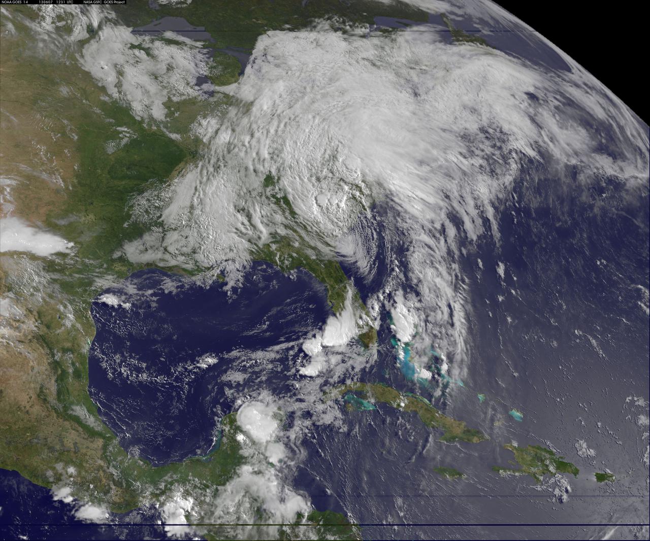 This image of tropical storm Andrea was assembled from data collected by NOAA's GOES-14 satellite at 8:31 a.m. EDT on June 7, when the storm's center was about 35 miles north-northwest of Charleston, S.C.   Credit: NASA/NOAA GOES Project  <b><a href="http://www.nasa.gov/audience/formedia/features/MP_Photo_Guidelines.html" rel="nofollow">NASA image use policy.</a></b>  <b><a href="http://www.nasa.gov/centers/goddard/home/index.html" rel="nofollow">NASA Goddard Space Flight Center</a></b> enables NASA’s mission through four scientific endeavors: Earth Science, Heliophysics, Solar System Exploration, and Astrophysics. Goddard plays a leading role in NASA’s accomplishments by contributing compelling scientific knowledge to advance the Agency’s mission.  <b>Follow us on <a href="http://twitter.com/NASA_GoddardPix" rel="nofollow">Twitter</a></b>  <b>Like us on <a href="http://www.facebook.com/pages/Greenbelt-MD/NASA-Goddard/395013845897?ref=tsd" rel="nofollow">Facebook</a></b>  <b>Find us on <a href="http://instagram.com/nasagoddard?vm=grid" rel="nofollow">Instagram</a></b>