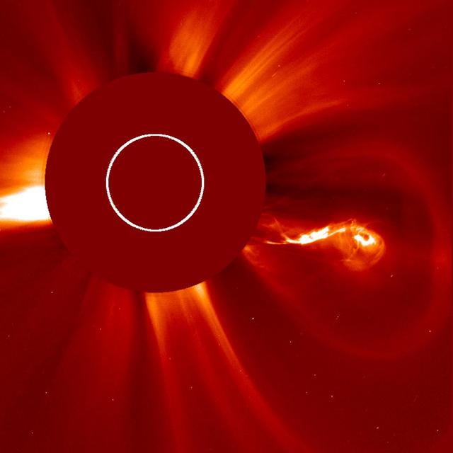 The Sun blasted out five coronal mass ejections (CMEs) over about two days (Feb. 26-28, 2013) and each one had quite a different shape and structure, seen here in a video <a href="http://bit.ly/Za8Aso" rel="nofollow">bit.ly/Za8Aso</a>. The most interesting one (seen above) blew out to the right with a bright, elongated center, likely part of a solar filament, that maintained its curly-Q shape as it expanded out of view. The images were taken by SOHO LASCO C2 coronagraph. The Sun is represented by the white circle and the red disk blocks out the Sun and part of the corona.  Credit: NASA/Goddard/SOHO  <b><a href="http://www.nasa.gov/audience/formedia/features/MP_Photo_Guidelines.html" rel="nofollow">NASA image use policy.</a></b>  <b><a href="http://www.nasa.gov/centers/goddard/home/index.html" rel="nofollow">NASA Goddard Space Flight Center</a></b> enables NASA’s mission through four scientific endeavors: Earth Science, Heliophysics, Solar System Exploration, and Astrophysics. Goddard plays a leading role in NASA’s accomplishments by contributing compelling scientific knowledge to advance the Agency’s mission.  <b>Follow us on <a href="http://twitter.com/NASA_GoddardPix" rel="nofollow">Twitter</a></b>  <b>Like us on <a href="http://www.facebook.com/pages/Greenbelt-MD/NASA-Goddard/395013845897?ref=tsd" rel="nofollow">Facebook</a></b>  <b>Find us on <a href="http://instagram.com/nasagoddard?vm=grid" rel="nofollow">Instagram</a></b>