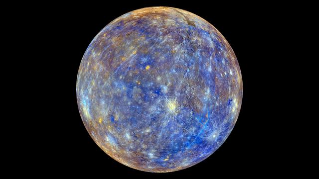 This colorful view of Mercury was produced by using images from the color base map imaging campaign during MESSENGER's primary mission. These colors are not what Mercury would look like to the human eye, but rather the colors enhance the chemical, mineralogical, and physical differences between the rocks that make up Mercury's surface.   Young crater rays, extending radially from fresh impact craters, appear light blue or white. Medium- and dark-blue areas are a geologic unit of Mercury's crust known as the &quot;low-reflectance material&quot;, thought to be rich in a dark, opaque mineral. Tan areas are plains formed by eruption of highly fluid lavas. The crater in the upper right whose rays stretch across the planet is Hokusai.  <b>To watch a movie of this colorful view of Mercury as a spinning globe go here: <a href="http://www.flickr.com/photos/gsfc/8497927473">www.flickr.com/photos/gsfc/8497927473</a></b>  Young crater rays, extending radially from fresh impact craters, appear light blue or white. Medium- and dark-blue areas are a geologic unit of Mercury's crust known as the &quot;low-reflectance material&quot;, thought to be rich in a dark, opaque mineral. Tan areas are plains formed by eruption of highly fluid lavas. The giant Caloris basin is the large circular tan feature located just to the upper right of center of the image.  The MESSENGER spacecraft is the first ever to orbit the planet Mercury, and the spacecraft's seven scientific instruments and radio science investigation are unraveling the history and evolution of the Solar System's innermost planet. Visit the Why Mercury? section of this website to learn more about the key science questions that the MESSENGER mission is addressing. During the one-year primary mission, MESSENGER acquired 88,746 images and extensive other data sets. MESSENGER is now in a yearlong extended mission, during which plans call for the acquisition of more than 80,000 additional images to support MESSENGER's science goals.  Credit: NASA/Johns Hopkins University Applied Physics Laboratory/Carnegie Institution of Washington  <b><a href="http://www.nasa.gov/audience/formedia/features/MP_Photo_Guidelines.html" rel="nofollow">NASA image use policy.</a></b>  <b><a href="http://www.nasa.gov/centers/goddard/home/index.html" rel="nofollow">NASA Goddard Space Flight Center</a></b> enables NASA’s mission through four scientific endeavors: Earth Science, Heliophysics, Solar System Exploration, and Astrophysics. Goddard plays a leading role in NASA’s accomplishments by contributing compelling scientific knowledge to advance the Agency’s mission.  <b>Follow us on <a href="http://twitter.com/NASAGoddardPix" rel="nofollow">Twitter</a></b>  <b>Like us on <a href="http://www.facebook.com/pages/Greenbelt-MD/NASA-Goddard/395013845897?ref=tsd" rel="nofollow">Facebook</a></b>  <b>Find us on <a href="http://instagram.com/nasagoddard?vm=grid" rel="nofollow">Instagram</a></b>
