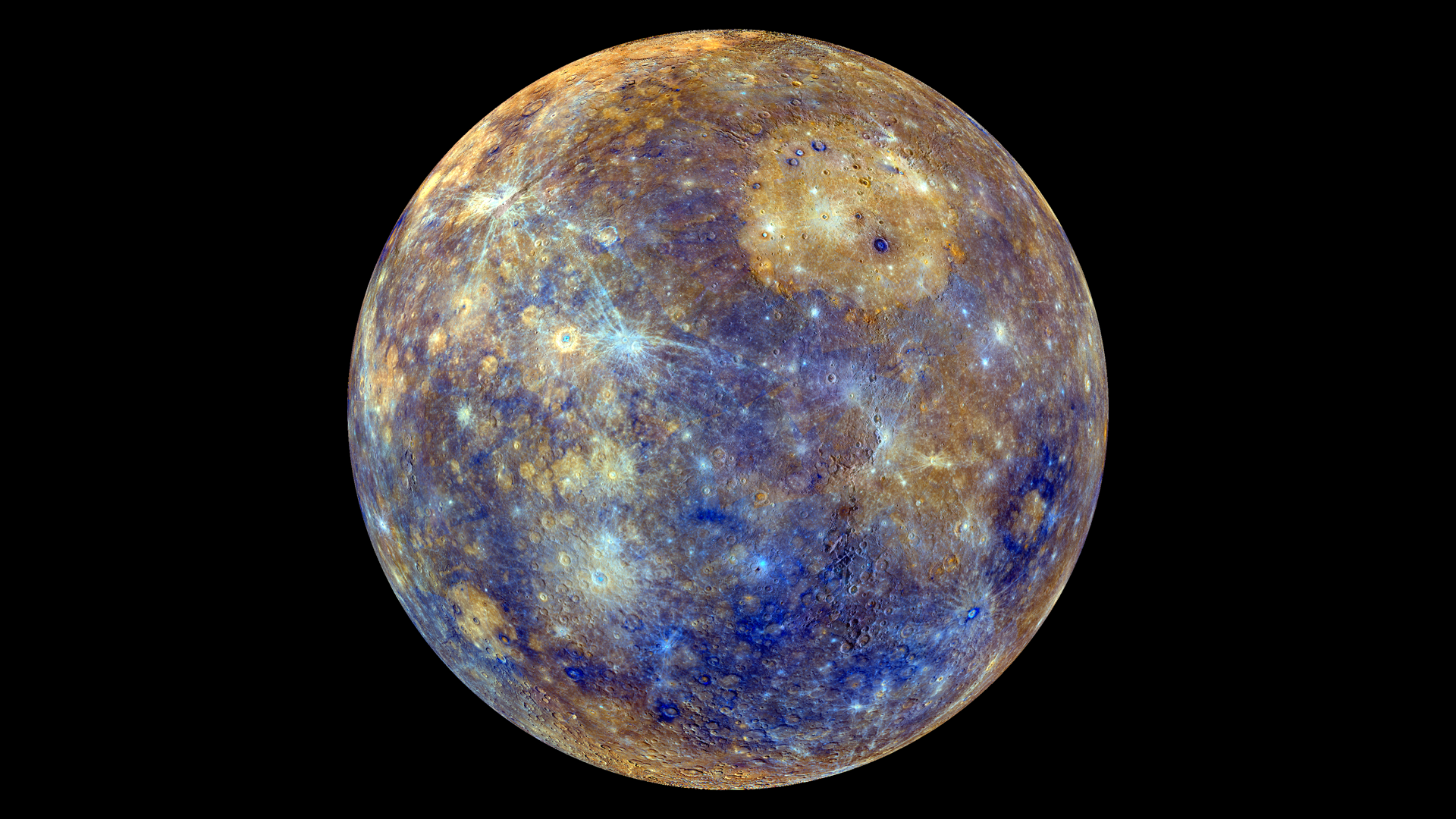 This colorful view of Mercury was produced by using images from the color base map imaging campaign during MESSENGER's primary mission. These colors are not what Mercury would look like to the human eye, but rather the colors enhance the chemical, mineralogical, and physical differences between the rocks that make up Mercury's surface. <b>To watch a movie of this colorful view of Mercury as a spinning globe go here: <a href="http://www.flickr.com/photos/gsfc/8497927473">www.flickr.com/photos/gsfc/8497927473</a></b> Young crater rays, extending radially from fresh impact craters, appear light blue or white. Medium- and dark-blue areas are a geologic unit of Mercury's crust known as the "low-reflectance material", thought to be rich in a dark, opaque mineral. Tan areas are plains formed by eruption of highly fluid lavas. The giant Caloris basin is the large circular tan feature located just to the upper right of center of the image. The MESSENGER spacecraft is the first ever to orbit the planet Mercury, and the spacecraft's seven scientific instruments and radio science investigation are unraveling the history and evolution of the Solar System's innermost planet. Visit the Why Mercury? section of this website to learn more about the key science questions that the MESSENGER mission is addressing. During the one-year primary mission, MESSENGER acquired 88,746 images and extensive other data sets. MESSENGER is now in a yearlong extended mission, during which plans call for the acquisition of more than 80,000 additional images to support MESSENGER's science goals. Credit: NASA/Johns Hopkins University Applied Physics Laboratory/Carnegie Institution of Washington <b><a href="http://www.nasa.gov/audience/formedia/features/MP_Photo_Guidelines.html" rel="nofollow">NASA image use policy.</a></b> <b><a href="http://www.nasa.gov/centers/goddard/home/index.html" rel="nofollow">NASA Goddard Space Flight Center</a></b> enables NASA’s mission through four scientific endeavors: Earth Science, Heliophysics, Solar System Exploration, and Astrophysics. Goddard plays a leading role in NASA’s accomplishments by contributing compelling scientific knowledge to advance the Agency’s mission. <b>Follow us on <a href="http://twitter.com/NASA_GoddardPix" rel="nofollow">Twitter</a></b> <b>Like us on <a href="http://www.facebook.com/pages/Greenbelt-MD/NASA-Goddard/395013845897?ref=tsd" rel="nofollow">Facebook</a></b> <b>Find us on <a href="http://instagram.com/nasagoddard?vm=grid" rel="nofollow">Instagram</a></b>