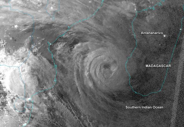 This night-time image revealed Cyclone Haruna's massive eye before it made landfall in southwestern Madagascar.  This image was taken from the VIIRS instrument that flies aboard the NASA-NOAA Suomi NPP satellite. The image was taken on Feb. 20 at 2242 UTC (5:42 p.m. EST/U.S.) and shows a clear eye, surrounded by very powerful thunderstorms. The bright lights of the Capital city of Antananarivo are seen in this image. The capital city lies about 300 nautical miles northwest of the storm's center. Haruna's center made landfall near Manombo, Madagascar around 0600 UTC (1 a.m. EST/U.S.) and its eye became cloud-filled quickly. For the entire storm history, visit NASA's Hurricane Page: <a href="http://www.nasa.gov/mission_pages/hurricanes/archives/2013/h2013_Haruna.html" rel="nofollow">www.nasa.gov/mission_pages/hurricanes/archives/2013/h2013...</a>  Text: Credit: Univ.of Wisconsin/NASA/NOAA  <b><a href="http://www.nasa.gov/audience/formedia/features/MP_Photo_Guidelines.html" rel="nofollow">NASA image use policy.</a></b>  <b><a href="http://www.nasa.gov/centers/goddard/home/index.html" rel="nofollow">NASA Goddard Space Flight Center</a></b> enables NASA’s mission through four scientific endeavors: Earth Science, Heliophysics, Solar System Exploration, and Astrophysics. Goddard plays a leading role in NASA’s accomplishments by contributing compelling scientific knowledge to advance the Agency’s mission.  <b>Follow us on <a href="http://twitter.com/NASA_GoddardPix" rel="nofollow">Twitter</a></b>  <b>Like us on <a href="http://www.facebook.com/pages/Greenbelt-MD/NASA-Goddard/395013845897?ref=tsd" rel="nofollow">Facebook</a></b>  <b>Find us on <a href="http://instagram.com/nasagoddard?vm=grid" rel="nofollow">Instagram</a></b>