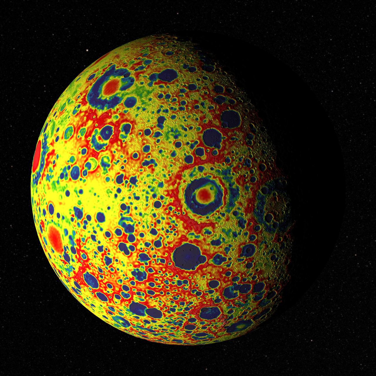 If the Moon were a perfectly smooth sphere of uniform density, the gravity map would be a single, featureless color, indicating that the force of gravity at a given elevation was the same everywhere. But like other rocky bodies in the solar system, including Earth, the Moon has both a bumpy surface and a lumpy interior. Spacecraft in orbit around the Moon experience slight variations in gravity caused by both of these irregularities.  The free-air gravity map shows deviations from the mean, the gravity that a cueball Moon would have. The deviations are measured in milliGals, a unit of acceleration. On the map, dark purple is at the low end of the range, at around -400 mGals, and red is at the high end near +400 mGals. Yellow denotes the mean.  These views show a part of the Moon's surface that's never visible from Earth. They are centered on lunar coordinates 29°N 142°E. The large, multi-ringed impact feature near the center is Mare Moscoviense. The crater Mendeleev is south of this. The digital elevation model for the terrain is from the Lunar Reconnaissance Orbiter laser altimeter (LOLA). Merely for plausibility, the sun angle and starry background are accurate for specific dates (December 21, 2012, 0:00 UT and January 8, 2013, 14:00 UT, respectively).   To see or download more views go to: <a href="http://svs.gsfc.nasa.gov/goto?4041" rel="nofollow">svs.gsfc.nasa.gov/goto?4041</a>  Credit: NASA's Goddard Goddard Space Flight Center Scientific Visualization Studio  <b><a href="http://www.nasa.gov/audience/formedia/features/MP_Photo_Guidelines.html" rel="nofollow">NASA image use policy.</a></b>  <b><a href="http://www.nasa.gov/centers/goddard/home/index.html" rel="nofollow">NASA Goddard Space Flight Center</a></b> enables NASA’s mission through four scientific endeavors: Earth Science, Heliophysics, Solar System Exploration, and Astrophysics. Goddard plays a leading role in NASA’s accomplishments by contributing compelling scientific knowledge to advance the Agency’s mission.  <b>Follow us on <a href="http://twitter.com/NASA_GoddardPix" rel="nofollow">Twitter</a></b>  <b>Like us on <a href="http://www.facebook.com/pages/Greenbelt-MD/NASA-Goddard/395013845897?ref=tsd" rel="nofollow">Facebook</a></b>  <b>Find us on <a href="http://instagram.com/nasagoddard?vm=grid" rel="nofollow">Instagram</a></b>