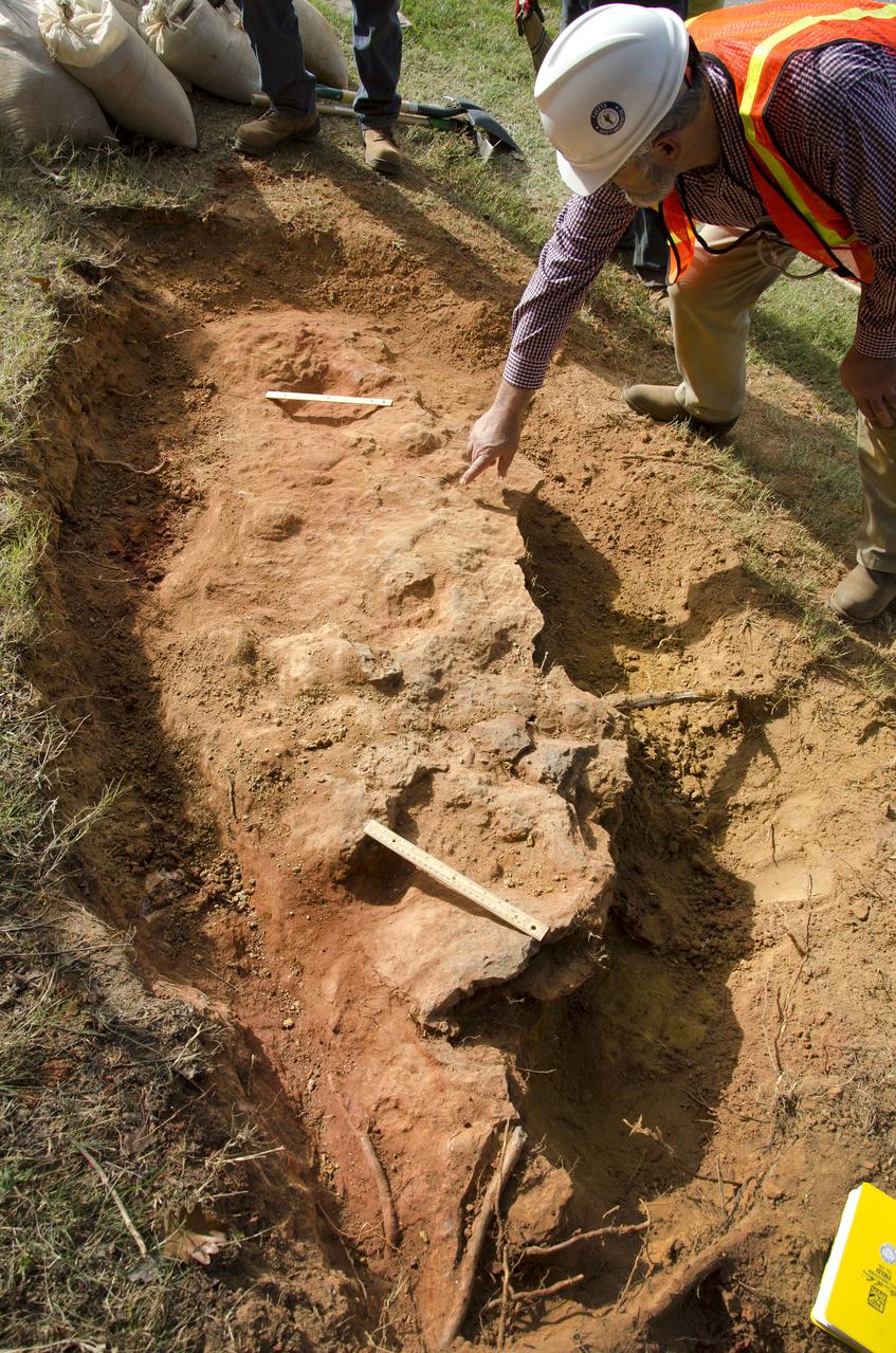 Goddard's consultant paleontologist Dr. Lee Monnens verified the track and discovered additional footprints hiding under a thin layer of topsoil in the same rock layer on October 23, 2012.   Credit: NASA/Goddard/Rebecca Roth  <b><a href="http://www.nasa.gov/audience/formedia/features/MP_Photo_Guidelines.html" rel="nofollow">NASA image use policy.</a></b>  <b><a href="http://www.nasa.gov/centers/goddard/home/index.html" rel="nofollow">NASA Goddard Space Flight Center</a></b> enables NASA’s mission through four scientific endeavors: Earth Science, Heliophysics, Solar System Exploration, and Astrophysics. Goddard plays a leading role in NASA’s accomplishments by contributing compelling scientific knowledge to advance the Agency’s mission.  <b>Follow us on <a href="http://twitter.com/NASA_GoddardPix" rel="nofollow">Twitter</a></b>  <b>Like us on <a href="http://www.facebook.com/pages/Greenbelt-MD/NASA-Goddard/395013845897?ref=tsd" rel="nofollow">Facebook</a></b>  <b>Find us on <a href="http://instagram.com/nasagoddard?vm=grid" rel="nofollow">Instagram</a></b>