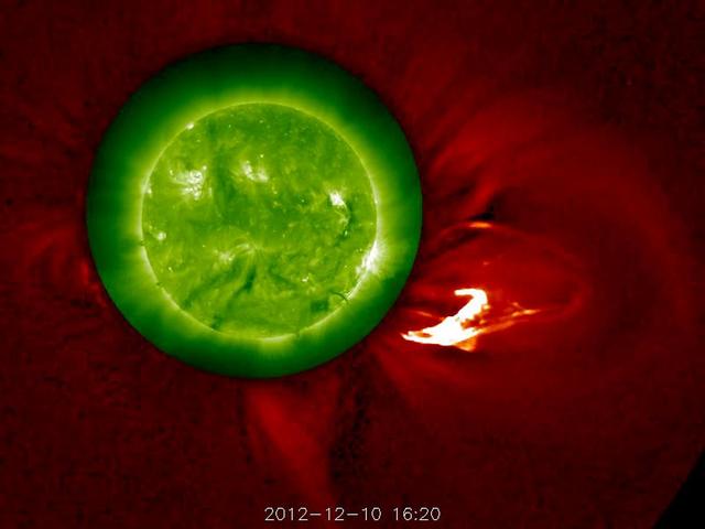 The Sun blows a robust prominence out into space (Dec. 10, 2102). The outer image, from the STEREO-A's COR1 coronagraph, has been changed from green to red to complement the green Sun image, taken in extreme UV light. The movie covers six hours of activity. Kind of Christmassy looking, isn't it? Some of the prominence falls back towards the sun, although the disturbance as a whole continues out into the solar system.  Credit: NASA/GSFC/STEREO  <b><a href="http://www.nasa.gov/audience/formedia/features/MP_Photo_Guidelines.html" rel="nofollow">NASA image use policy.</a></b>  <b><a href="http://www.nasa.gov/centers/goddard/home/index.html" rel="nofollow">NASA Goddard Space Flight Center</a></b> enables NASA’s mission through four scientific endeavors: Earth Science, Heliophysics, Solar System Exploration, and Astrophysics. Goddard plays a leading role in NASA’s accomplishments by contributing compelling scientific knowledge to advance the Agency’s mission.  <b>Follow us on <a href="http://twitter.com/NASA_GoddardPix" rel="nofollow">Twitter</a></b>  <b>Like us on <a href="http://www.facebook.com/pages/Greenbelt-MD/NASA-Goddard/395013845897?ref=tsd" rel="nofollow">Facebook</a></b>  <b>Find us on <a href="http://instagram.com/nasagoddard?vm=grid" rel="nofollow">Instagram</a></b>