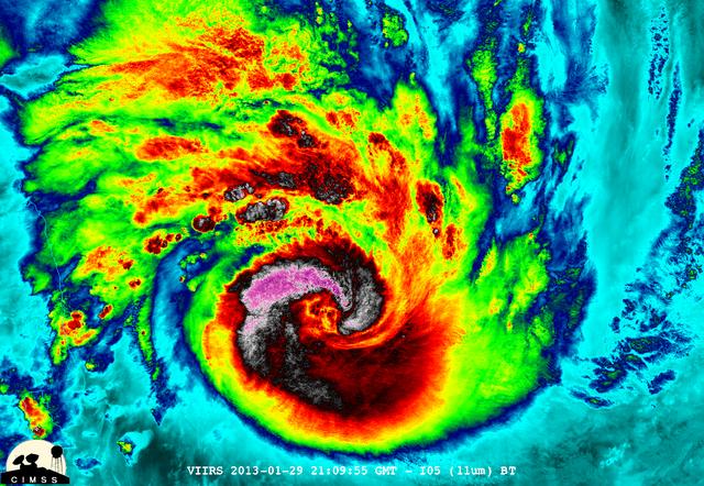 NASA-NOAA's Suomi NPP satellite captured this false-colored night-time image of Cyclone Felleng during the night on Jan. 28, 2013. Felleng is located in the Southern Indian Ocean, and is northwest of Madagascar. The image revealed some pretty cold overshooting tops, topping at ~170K. The image shows some interesting gravity waves propagating out from the storm in both the thermal and visible imagery.  For full storm history on NASA's Hurricane Web Page, visit: <a href="http://www.nasa.gov/mission_pages/hurricanes/archives/2013/h2013_Felleng.html" rel="nofollow">www.nasa.gov/mission_pages/hurricanes/archives/2013/h2013...</a>  Credit: William Straka, UWM/NASA/NOAA  <b><a href="http://www.nasa.gov/audience/formedia/features/MP_Photo_Guidelines.html" rel="nofollow">NASA image use policy.</a></b>  <b><a href="http://www.nasa.gov/centers/goddard/home/index.html" rel="nofollow">NASA Goddard Space Flight Center</a></b> enables NASA’s mission through four scientific endeavors: Earth Science, Heliophysics, Solar System Exploration, and Astrophysics. Goddard plays a leading role in NASA’s accomplishments by contributing compelling scientific knowledge to advance the Agency’s mission.  <b>Follow us on <a href="http://twitter.com/NASA_GoddardPix" rel="nofollow">Twitter</a></b>  <b>Like us on <a href="http://www.facebook.com/pages/Greenbelt-MD/NASA-Goddard/395013845897?ref=tsd" rel="nofollow">Facebook</a></b>  <b>Find us on <a href="http://instagram.com/nasagoddard?vm=grid" rel="nofollow">Instagram</a></b>