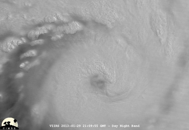 NASA-NOAA's Suomi NPP satellite captured this false-colored night-time image of Cyclone Felleng during the night on Jan. 28, 2013. Felleng is located in the Southern Indian Ocean, and is northwest of Madagascar. The image revealed some pretty cold overshooting tops, topping at ~170K. The image shows some interesting gravity waves propagating out from the storm in both the thermal and visible imagery.  For full storm history on NASA's Hurricane Web Page, visit: <a href="http://www.nasa.gov/mission_pages/hurricanes/archives/2013/h2013_Felleng.html" rel="nofollow">www.nasa.gov/mission_pages/hurricanes/archives/2013/h2013...</a>  Credit: William Straka, UWM/NASA/NOAA  <b><a href="http://www.nasa.gov/audience/formedia/features/MP_Photo_Guidelines.html" rel="nofollow">NASA image use policy.</a></b>  <b><a href="http://www.nasa.gov/centers/goddard/home/index.html" rel="nofollow">NASA Goddard Space Flight Center</a></b> enables NASA’s mission through four scientific endeavors: Earth Science, Heliophysics, Solar System Exploration, and Astrophysics. Goddard plays a leading role in NASA’s accomplishments by contributing compelling scientific knowledge to advance the Agency’s mission.  <b>Follow us on <a href="http://twitter.com/NASA_GoddardPix" rel="nofollow">Twitter</a></b>  <b>Like us on <a href="http://www.facebook.com/pages/Greenbelt-MD/NASA-Goddard/395013845897?ref=tsd" rel="nofollow">Facebook</a></b>  <b>Find us on <a href="http://instagram.com/nasagoddard?vm=grid" rel="nofollow">Instagram</a></b>