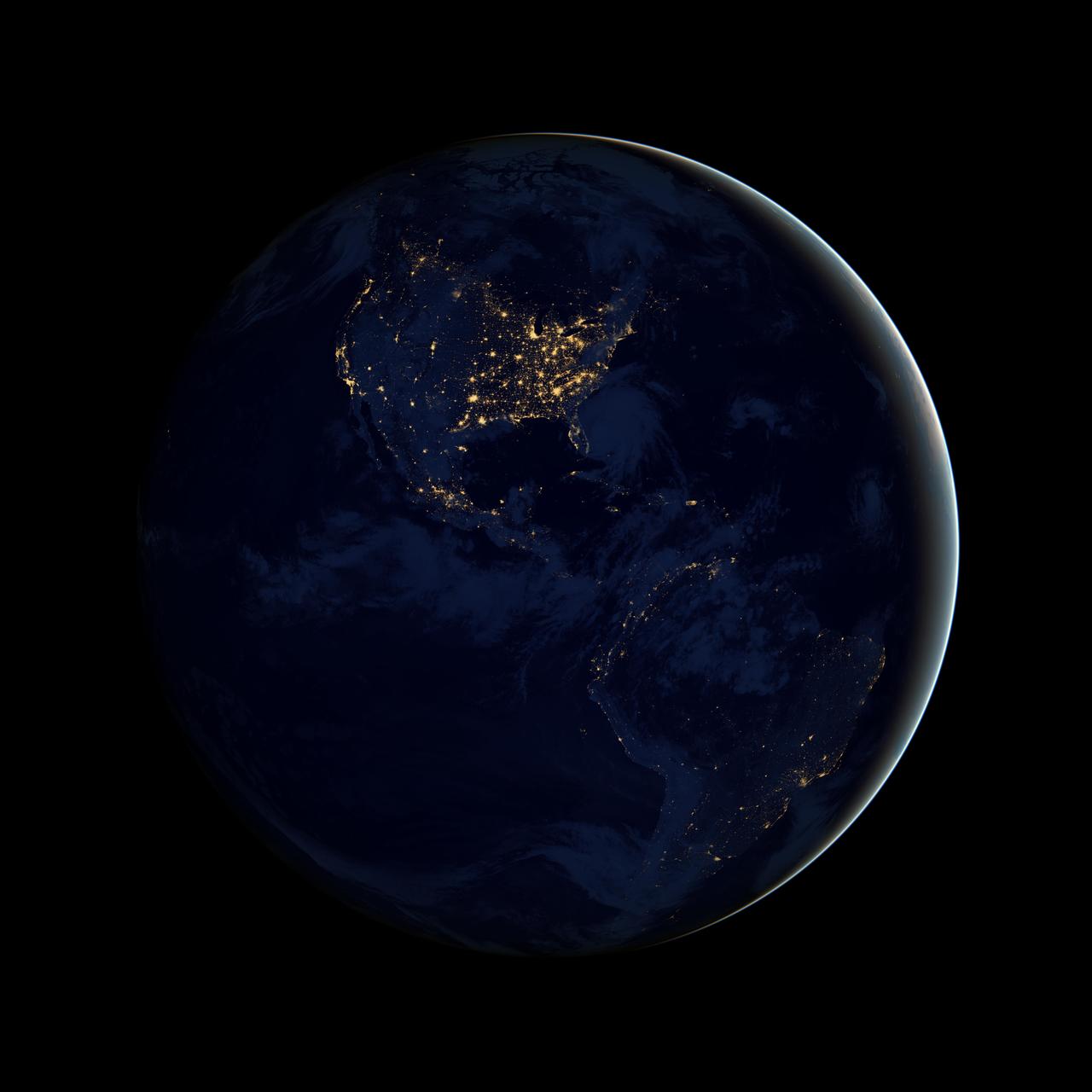 NASA image acquired April 18 - October 23, 2012 This image of North and South America at night is a composite assembled from data acquired by the Suomi NPP satellite in April and October 2012. The new data was mapped over existing Blue Marble imagery of Earth to provide a realistic view of the planet. The nighttime view was made possible by the new satellite’s “day-night band” of the Visible Infrared Imaging Radiometer Suite. VIIRS detects light in a range of wavelengths from green to near-infrared and uses filtering techniques to observe dim signals such as city lights, gas flares, auroras, wildfires, and reflected moonlight. In this case, auroras, fires, and other stray light have been removed to emphasize the city lights. “Artificial lighting is a excellent remote sensing observable and proxy for human activity,” says Chris Elvidge, who leads the Earth Observation Group at NOAA’s National Geophysical Data Center. Social scientists and demographers have used night lights to model the spatial distribution of economic activity, of constructed surfaces, and of populations. Planners and environmental groups have used maps of lights to select sites for astronomical observatories and to monitor human development around parks and wildlife refuges. Electric power companies, emergency managers, and news media turn to night lights to observe blackouts. Named for satellite meteorology pioneer Verner Suomi, NPP flies over any given point on Earth's surface twice each day at roughly 1:30 a.m. and p.m. The polar-orbiting satellite flies 824 kilometers (512 miles) above the surface, sending its data once per orbit to a ground station in Svalbard, Norway, and continuously to local direct broadcast users distributed around the world. The mission is managed by NASA with operational support from NOAA and its Joint Polar Satellite System, which manages the satellite's ground system. NASA Earth Observatory image by Robert Simmon, using Suomi NPP VIIRS data provided courtesy of Chris Elvidge (NOAA National Geophysical Data Center). Suomi NPP is the result of a partnership between NASA, NOAA, and the Department of Defense. Caption by Mike Carlowicz. Instrument: Suomi NPP - VIIRS Credit: <b><a href="http://www.earthobservatory.nasa.gov/" rel="nofollow"> NASA Earth Observatory</a></b> <b>Click here to view all of the <a href="http://earthobservatory.nasa.gov/Features/NightLights/" rel="nofollow"> Earth at Night 2012 images </a></b> <b>Click here to <a href="http://earthobservatory.nasa.gov/NaturalHazards/view.php?id=79787" rel="nofollow"> read more </a> about this image </b> <b><a href="http://www.nasa.gov/audience/formedia/features/MP_Photo_Guidelines.html" rel="nofollow">NASA image use policy.</a></b> <b><a href="http://www.nasa.gov/centers/goddard/home/index.html" rel="nofollow">NASA Goddard Space Flight Center</a></b> enables NASA’s mission through four scientific endeavors: Earth Science, Heliophysics, Solar System Exploration, and Astrophysics. Goddard plays a leading role in NASA’s accomplishments by contributing compelling scientific knowledge to advance the Agency’s mission. <b>Follow us on <a href="http://twitter.com/NASA_GoddardPix" rel="nofollow">Twitter</a></b> <b>Like us on <a href="http://www.facebook.com/pages/Greenbelt-MD/NASA-Goddard/395013845897?ref=tsd" rel="nofollow">Facebook</a></b> <b>Find us on <a href="http://instagram.com/nasagoddard?vm=grid" rel="nofollow">Instagram</a></b>