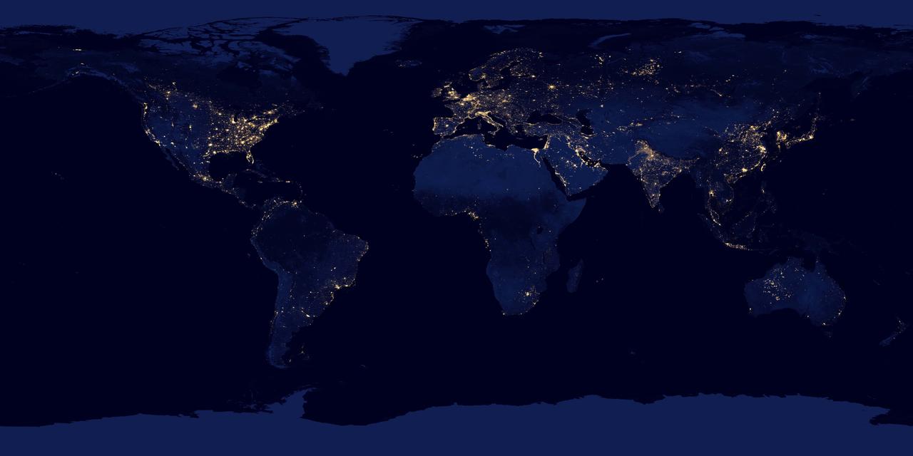 NASA image acquired April 18 - October 23, 2012  This new image of the Earth at night is a composite assembled from data acquired by the Suomi National Polar-orbiting Partnership (Suomi NPP) satellite over nine days in April 2012 and thirteen days in October 2012. It took 312 orbits and 2.5 terabytes of data to get a clear shot of every parcel of Earth’s land surface and islands.  The nighttime view of Earth in visible light was made possible by the “day-night band” of the Visible Infrared Imaging Radiometer Suite. VIIRS detects light in a range of wavelengths from green to near-infrared and uses filtering techniques to observe dim signals such as gas flares, auroras, wildfires, city lights, and reflected moonlight. In this case, auroras, fires, and other stray light have been removed to emphasize the city lights.  Named for satellite meteorology pioneer Verner Suomi, NPP flies over any given point on Earth’s surface twice each day at roughly 1:30 a.m. and 1:30 p.m. The spacecraft flies 824 kilometers (512 miles) above the surface in a polar orbit, circling the planet about 14 times a day. Suomi NPP sends its data once per orbit to a ground station in Svalbard, Norway, and continuously to local direct broadcast users distributed around the world. The mission is managed by NASA with operational support from NOAA and its Joint Polar Satellite System, which manages the satellite's ground system.  NASA Earth Observatory image by Robert Simmon, using Suomi NPP VIIRS data provided courtesy of Chris Elvidge (NOAA National Geophysical Data Center). Suomi NPP is the result of a partnership between NASA, NOAA, and the Department of Defense. Caption by Mike Carlowicz.  Instrument: Suomi NPP - VIIRS   Credit: <b><a href="http://www.earthobservatory.nasa.gov/" rel="nofollow"> NASA Earth Observatory</a></b>  <b>Click here to view all of the <a href="http://earthobservatory.nasa.gov/Features/NightLights/" rel="nofollow"> Earth at Night 2012 images </a></b>  <b>Click here to <a href="http://earthobservatory.nasa.gov/NaturalHazards/view.php?id=79765" rel="nofollow"> read more </a> about this image </b>    <b><a href="http://www.nasa.gov/audience/formedia/features/MP_Photo_Guidelines.html" rel="nofollow">NASA image use policy.</a></b>  <b><a href="http://www.nasa.gov/centers/goddard/home/index.html" rel="nofollow">NASA Goddard Space Flight Center</a></b> enables NASA’s mission through four scientific endeavors: Earth Science, Heliophysics, Solar System Exploration, and Astrophysics. Goddard plays a leading role in NASA’s accomplishments by contributing compelling scientific knowledge to advance the Agency’s mission.  <b>Follow us on <a href="http://twitter.com/NASA_GoddardPix" rel="nofollow">Twitter</a></b>  <b>Like us on <a href="http://www.facebook.com/pages/Greenbelt-MD/NASA-Goddard/395013845897?ref=tsd" rel="nofollow">Facebook</a></b>  <b>Find us on <a href="http://instagram.com/nasagoddard?vm=grid" rel="nofollow">Instagram</a></b>