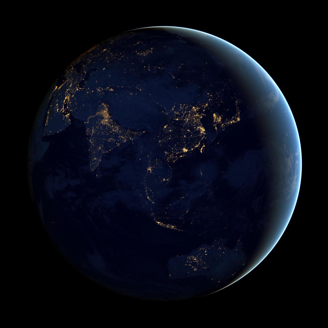 NASA image acquired April 18 - October 23, 2012  This image of Asia and Australia at night is a composite assembled from data acquired by the Suomi NPP satellite in April and October 2012. The new data was mapped over existing Blue Marble imagery of Earth to provide a realistic view of the planet.  The nighttime view was made possible by the new satellite’s “day-night band” of the Visible Infrared Imaging Radiometer Suite. VIIRS detects light in a range of wavelengths from green to near-infrared and uses filtering techniques to observe dim signals such as city lights, gas flares, auroras, wildfires, and reflected moonlight. In this case, auroras, fires, and other stray light have been removed to emphasize the city lights.  “Night time imagery provides an intuitively graspable view of our planet,” says William Stefanov, a scientist in NASA’s International Space Station program office who has worked with similar images from astronauts. “City lights are an excellent means to track urban and suburban growth, which feeds into planning for energy use and urban hazards, for studying urban heat islands, and for initializing climate models.”  Named for satellite meteorology pioneer Verner Suomi, NPP flies over any given point on Earth's surface twice each day at roughly 1:30 a.m. and p.m. The polar-orbiting satellite flies 824 kilometers (512 miles) above the surface, sending its data once per orbit to a ground station in Svalbard, Norway, and continuously to local direct broadcast users distributed around the world. The mission is managed by NASA with operational support from NOAA and its Joint Polar Satellite System, which manages the satellite's ground system.  NASA Earth Observatory image by Robert Simmon, using Suomi NPP VIIRS data provided courtesy of Chris Elvidge (NOAA National Geophysical Data Center). Suomi NPP is the result of a partnership between NASA, NOAA, and the Department of Defense. Caption by Mike Carlowicz.  Instrument: Suomi NPP - VIIRS   Credit: <b><a href="http://www.earthobservatory.nasa.gov/" rel="nofollow"> NASA Earth Observatory</a></b>  <b>Click here to view all of the <a href="http://earthobservatory.nasa.gov/Features/NightLights/" rel="nofollow"> Earth at Night 2012 images </a></b>  <b>Click here to <a href="http://earthobservatory.nasa.gov/NaturalHazards/view.php?id=79790" rel="nofollow"> read more </a> about this image </b>   <b><a href="http://www.nasa.gov/audience/formedia/features/MP_Photo_Guidelines.html" rel="nofollow">NASA image use policy.</a></b>  <b><a href="http://www.nasa.gov/centers/goddard/home/index.html" rel="nofollow">NASA Goddard Space Flight Center</a></b> enables NASA’s mission through four scientific endeavors: Earth Science, Heliophysics, Solar System Exploration, and Astrophysics. Goddard plays a leading role in NASA’s accomplishments by contributing compelling scientific knowledge to advance the Agency’s mission.  <b>Follow us on <a href="http://twitter.com/NASAGoddardPix" rel="nofollow">Twitter</a></b>  <b>Like us on <a href="http://www.facebook.com/pages/Greenbelt-MD/NASA-Goddard/395013845897?ref=tsd" rel="nofollow">Facebook</a></b>  <b>Find us on <a href="http://instagram.com/nasagoddard?vm=grid" rel="nofollow">Instagram</a></b>