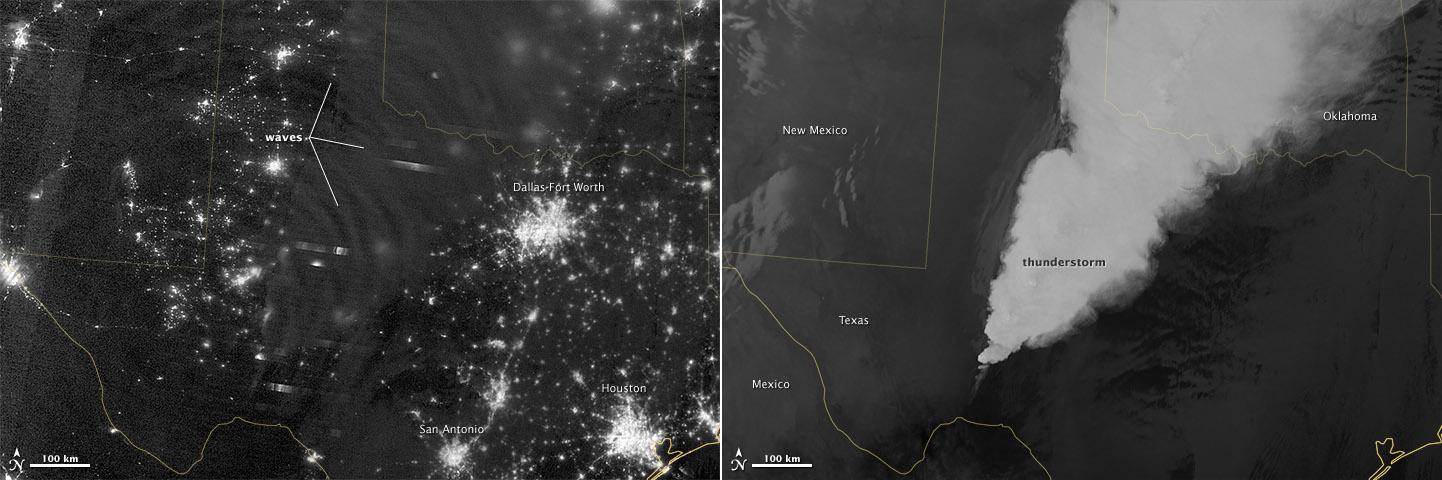 In April 2012, waves in Earth’s “airglow” spread across the nighttime skies of northern Texas like ripples in a pond. In this case, the waves were provoked by a massive thunderstorm.  Airglow is a layer of nighttime light emissions caused by chemical reactions high in Earth’s atmosphere. A variety of reactions involving oxygen, sodium, ozone and nitrogen result in the production of a very faint amount of light. In fact, it’s approximately one billion times fainter than sunlight (~10-11 to 10-9 W·cm-2· sr-1). This chemiluminescence is similar to the chemical reactions that light up a glow stick or glow-in-the-dark silly putty.  The “day-night band,” of the Visible Infrared Imaging Radiometer Suite (VIIRS) on the Suomi NPP satellite captured these glowing ripples in the night sky on April 15, 2012 (top image). The day-night band detects lights over a range of wavelengths from green to near-infrared and uses highly sensitive electronics to observe low light signals. (The absolute minimum signals detectable are at the levels of nightglow emission.) The lower image shows the thunderstorm as observed by a thermal infrared band on VIIRS. This thermal band, which is sensitive only to heat emissions (cold clouds appear white), is not sensitive to the subtle visible-light wave structures seen by the day-night band.  Technically speaking, airglow occurs at all times. During the day it is called “dayglow,” at twilight “twilightglow,” and at night “nightglow.” There are slightly different processes taking place in each case, but in the image above the source of light is nightglow.  The strongest nightglow emissions are mostly constrained to a relatively thin layer of atmosphere between 85 and 95 kilometers (53 and 60 miles) above the Earth’s surface. Little emission occurs below this layer since there’s a higher concentration of molecules, allowing for dissipation of chemical energy via collisions rather than light production. Likewise, little emission occurs above that layer because the atmospheric density is so tenuous that there are too few light-emitting reactions to yield an appreciable amount of light.  Suomi NPP is in orbit around Earth at 834 kilometers (about 518 miles), well above the nightglow layer. The day-night band imagery therefore contains signals from the direction upward emission of the nightglow layer and the reflection of the downward nightglow emissions by clouds and the Earth’s surface. The presence of these nightglow waves is a graphic visualization of the usually unseen energy transfer processes that occur continuously between the lower and upper atmosphere.  While nightglow is a well-known phenomenon, it’s not typically considered by Earth-viewing meteorological sensors. In fact, scientists were surprised at Suomi NPP’s ability to detect it. During the satellite’s check-out procedure, this unanticipated source of visible light was thought to indicate a problem with the sensor until scientists realized that what they were seeing was the faintest of light in the darkness of night.   NASA Earth Observatory image by Jesse Allen and Robert Simmon, using VIIRS Day-Night Band data from the Suomi National Polar-orbiting Partnership. Suomi NPP is the result of a partnership between NASA, the National Oceanic and Atmospheric Administration, and the Department of Defense. Caption by Aries Keck and Steve Miller.  Instrument: Suomi NPP - VIIRS   Credit: <b><a href="http://www.earthobservatory.nasa.gov/" rel="nofollow"> NASA Earth Observatory</a></b>  <b>Click here to view all of the <a href="http://earthobservatory.nasa.gov/Features/NightLights/" rel="nofollow"> Earth at Night 2012 images </a></b>  <b>Click here to <a href="http://earthobservatory.nasa.gov/NaturalHazards/view.php?id=79817" rel="nofollow"> read more </a> about this image </b>   <b><a href="http://www.nasa.gov/audience/formedia/features/MP_Photo_Guidelines.html" rel="nofollow">NASA image use policy.</a></b>  <b><a href="http://www.nasa.gov/centers/goddard/home/index.html" rel="nofollow">NASA Goddard Space</a></b>