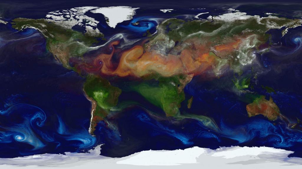 NASA models and supercomputing have created a colorful new view of aerosol movement.  Satellites, balloon-borne instruments and ground-based devices make 30 million observations of the atmosphere each day. Yet these measurements still give an incomplete picture of the complex interactions within the membrane surrounding Earth. Enter climate models. Through mathematical experiments, modelers can move Earth forward or backward in time to create a dynamic portrait of the planet. Researchers from NASA Goddard’s Global Modeling and Assimilation Office recently ran a simulation of the atmosphere that captured how winds whip aerosols around the world. Such simulations allow scientists to better understand how these tiny particulates travel in the atmosphere and influence weather and climate. In the visualization below, covering August 2006 to April 2007, watch as dust and sea salt swirl inside cyclones, carbon bursts from fires, sulfate streams from volcanoes—and see how these aerosols paint the modeled world.  Credit: NASA/Goddard Space Flight Center
