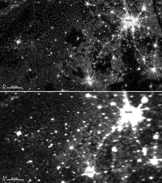 NASA image acquired November 11-12, 2012.   On November 12, 2012, the Visible Infrared Imaging Radiometer Suite (VIIRS) on the Suomi NPP satellite captured the top nighttime image of city, village, and highway lights near Delhi, India. For comparison, the lower image shows the same area one night earlier, as observed by the Operational Line Scan (OLS) system on a Defense Meteorological Satellite Program (DMSP) spacecraft.  Since the 1960s, the U.S. Air Force has operated DMSP in order to observe clouds and other weather variables in key wavelengths of infrared and visible light. Since 1972, the DMSP satellites have included the Operational Linescan System (OLS), which gives weather forecasters some ability to see in the dark. It has been a highly successful sensor, but it is dependent on older technology with lower resolution than most scientists would like. And for many years, DMSP data were classified.  Through improved optics and “smart” sensing technology, the VIIRS “day-night band,” is ten to fifteen times better than the OLS system at resolving the relatively dim lights of human settlements and reflected moonlight. Each VIIRS pixel shows roughly 740 meters (0.46 miles) across, compared to the 3-kilometer footprint (1.86 miles) of DMSP. Beyond the resolution, the new sensor can detect dimmer light sources. And since the VIIRS measurements are fully calibrated (unlike DMSP), scientists now have the precision required to make quantitative measurements of clouds and other features.  “In contrast to the Operational Line Scan system, the imagery from the new day-night band is almost like a nearsighted person putting on glasses for the first time and looking at the Earth anew,” says Steve Miller, an atmospheric scientist at Colorado State University. “VIIRS has allowed us to bring this coarse, blurry view of night lights into clearer focus. Now we can see things in such great detail and at such high precision that we’re really talking about a new kind of measurement.”  Unlike a film camera that captures a photograph in one exposure, VIIRS produces an image by repeatedly scanning a scene and resolving it as millions of individual picture elements, or pixels. The day-night band goes a step further, determining on-the-fly whether to use its low, medium, or high-gain mode. If a pixel is very bright, a low-gain mode on the sensor prevents the pixel from over-saturating. If the pixel is dark, the signal will be amplified.  “On a hand-held camera, there’s a nighttime setting where the shutter will stay open much longer than it would under daylight imaging conditions,” says Chris Elvidge, who leads the Earth Observation Group at NOAA’s National Geophysical Data Center. “The day-night band is similar. It increases the exposure time—the amount of time that it’s collecting photons for pixels.”  NASA Earth Observatory image by Jesse Allen and Robert Simmon, using Suomi NPP VIIRS and DMSP OLS data provided courtesy of Chris Elvidge (NOAA National Geophysical Data Center). Suomi NPP is the result of a partnership between NASA, NOAA, and the Department of Defense. Caption by Mike Carlowicz.  Instrument: Suomi NPP - VIIRS   Credit: <b><a href="http://www.earthobservatory.nasa.gov/" rel="nofollow"> NASA Earth Observatory</a></b>  <b>Click here to view all of the <a href="http://earthobservatory.nasa.gov/Features/NightLights/" rel="nofollow"> Earth at Night 2012 images </a></b>  <b>Click here to <a href="http://earthobservatory.nasa.gov/NaturalHazards/view.php?id=79846" rel="nofollow"> read more </a> about this image </b>   <b><a href="http://www.nasa.gov/audience/formedia/features/MP_Photo_Guidelines.html" rel="nofollow">NASA image use policy.</a></b>  <b><a href="http://www.nasa.gov/centers/goddard/home/index.html" rel="nofollow">NASA Goddard Space Flight Center</a></b> enables NASA’s mission through four scientific endeavors: Earth Science, Heliophysics, Solar System Exploration, and Astrophysics. Goddard plays a leading role in NASA’s accomplishments by contributing compelling scientific