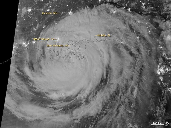 NASA image acquired August 29, 2012 1:57 a.m EDT  Hurricane Isaac lit up by moonlight as it spins over the city of New Orleans, La. at 1:57 am central daylight savings time the morning of August 29, 2012. The Suomi National Polar-orbiting Partnership (NPP) satellite captured these images with its Visible Infrared Imaging Radiometer Suite (VIIRS). The &quot;day-night band&quot; of VIIRS detects light in a range of wavelengths from green to near-infrared and uses light intensification to enable the detection of dim signals.   Suomi NPP is the result of a partnership between NASA, the National Oceanic and Atmospheric Administration and the Department of Defense.  Image Credit: NASA/NOAA, Earth Observatory  NASA Earth Observatory image by Jesse Allen and Robert Simmon, using VIIRS Day Night Band data.   Credit: <b><a href="http://www.earthobservatory.nasa.gov/" rel="nofollow"> NASA Earth Observatory</a></b>  <b><a href="http://www.nasa.gov/audience/formedia/features/MP_Photo_Guidelines.html" rel="nofollow">NASA image use policy.</a></b>  <b><a href="http://www.nasa.gov/centers/goddard/home/index.html" rel="nofollow">NASA Goddard Space Flight Center</a></b> enables NASA’s mission through four scientific endeavors: Earth Science, Heliophysics, Solar System Exploration, and Astrophysics. Goddard plays a leading role in NASA’s accomplishments by contributing compelling scientific knowledge to advance the Agency’s mission.  <b>Follow us on <a href="http://twitter.com/NASA_GoddardPix" rel="nofollow">Twitter</a></b>  <b>Like us on <a href="http://www.facebook.com/pages/Greenbelt-MD/NASA-Goddard/395013845897?ref=tsd" rel="nofollow">Facebook</a></b>  <b>Find us on <a href="http://instagrid.me/nasagoddard/?vm=grid" rel="nofollow">Instagram</a></b>