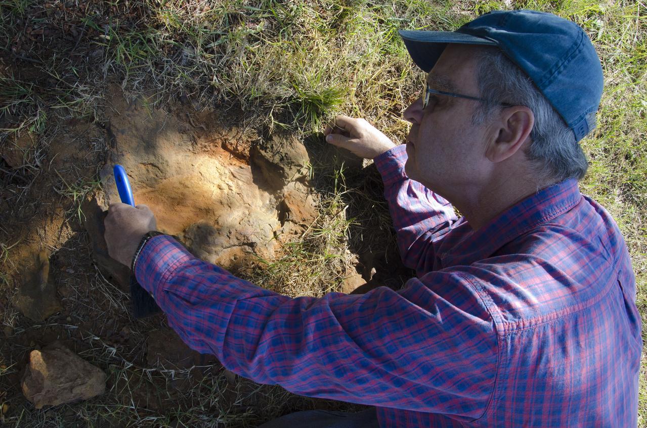 Dr. Robert Weems, emeritus paleontologist for the USGS verifies the recently discovered dinosaur track found on the NASA Goddard Space Flight Center campus.  This imprint shows the right rear foot of a nodosaur - a low-slung, spiny leaf-eater - apparently moving in haste as the heel did not fully settle in the cretaceous mud, according to dinosaur tracker Ray Stanford. It was found recently on NASA's Goddard Space Flight Center campus and is being preserved for study.   To read more about this discovery go to: <a href="http://1.usa.gov/P9NYg7" rel="nofollow">1.usa.gov/P9NYg7</a>  Credit: NASA/GSFC/Rebecca Roth  <b><a href="http://www.nasa.gov/audience/formedia/features/MP_Photo_Guidelines.html" rel="nofollow">NASA image use policy.</a></b>  <b><a href="http://www.nasa.gov/centers/goddard/home/index.html" rel="nofollow">NASA Goddard Space Flight Center</a></b> enables NASA’s mission through four scientific endeavors: Earth Science, Heliophysics, Solar System Exploration, and Astrophysics. Goddard plays a leading role in NASA’s accomplishments by contributing compelling scientific knowledge to advance the Agency’s mission.  <b>Follow us on <a href="http://twitter.com/NASA_GoddardPix" rel="nofollow">Twitter</a></b>  <b>Like us on <a href="http://www.facebook.com/pages/Greenbelt-MD/NASA-Goddard/395013845897?ref=tsd" rel="nofollow">Facebook</a></b>  <b>Find us on <a href="http://instagrid.me/nasagoddard/?vm=grid" rel="nofollow">Instagram</a></b>
