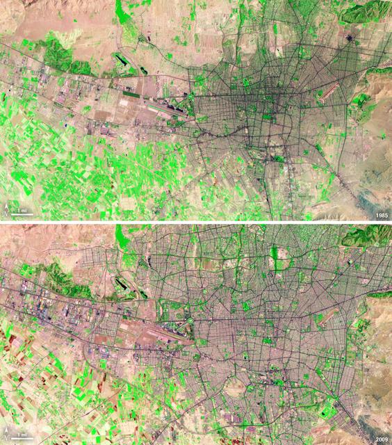 Between 1985 and 2009, the population of Tehran, Iran, grew from six million to just over seven million. The city's growth was spurred largely by migration from other parts of the country. In addition to being the hub of government and associated public sector jobs, Tehran houses more than half of Iran's industry.   Landsat 5 acquired these false-color images of Tehran on August 2, 1985, and July 19, 2009. The city is a web of dark purple lines, vegetation is green and bare ground is pink and tan. The images were created using both infrared and visible light (band combination 7, 4, and 2) to distinguish urban areas from the surrounding desert.  ----  NASA and the U.S. Department of the Interior through the U.S. Geological Survey (USGS) jointly manage Landsat, and the USGS preserves a 40-year archive of Landsat images that is freely available over the Internet. The next Landsat satellite, now known as the Landsat Data Continuity Mission (LDCM) and later to be called Landsat 8, is scheduled for launch in 2013.  In honor of Landsat’s 40th anniversary in July 2012, the USGS released the LandsatLook viewer – a quick, simple way to go forward and backward in time, pulling images of anywhere in the world out of the Landsat archive.  <b><a href="http://www.nasa.gov/audience/formedia/features/MP_Photo_Guidelines.html" rel="nofollow">NASA image use policy.</a></b>  <b><a href="http://www.nasa.gov/centers/goddard/home/index.html" rel="nofollow">NASA Goddard Space Flight Center</a></b> enables NASA’s mission through four scientific endeavors: Earth Science, Heliophysics, Solar System Exploration, and Astrophysics. Goddard plays a leading role in NASA’s accomplishments by contributing compelling scientific knowledge to advance the Agency’s mission.  <b>Follow us on <a href="http://twitter.com/NASA_GoddardPix" rel="nofollow">Twitter</a></b>  <b>Like us on <a href="http://www.facebook.com/pages/Greenbelt-MD/NASA-Goddard/395013845897?ref=tsd" rel="nofollow">Facebook</a></b>  <b>Find us on <a href="http://instagrid.me/nasagoddard/?vm=grid" rel="nofollow">Instagram</a></b>