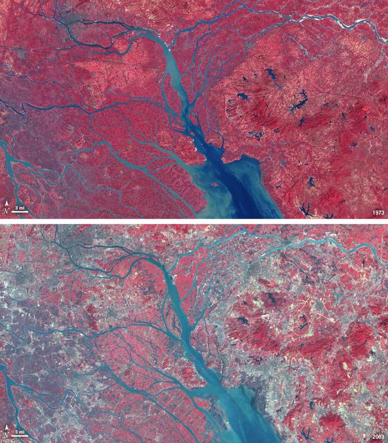 In 1979, China established two special economic zones around the Pearl River Delta, north of Hong Kong. This image, taken by Landsat 3 on October 19, 1973, shows that the region was rural when the zone was established. Plant-covered land, which is red in this false-color image, dominates the scene. Square grids are agriculture.   By January 10, 2003, when Landsat 7 took this image, the Pearl River Delta was a densely populated urban corridor with several large cities. The urban areas are gray in this image. The region is a major manufacturing center with an economy the size of Taiwan’s. As of 2010, the Pearl River Economic Zone had a population of 36 million people.    ----  NASA and the U.S. Department of the Interior through the U.S. Geological Survey (USGS) jointly manage Landsat, and the USGS preserves a 40-year archive of Landsat images that is freely available over the Internet. The next Landsat satellite, now known as the Landsat Data Continuity Mission (LDCM) and later to be called Landsat 8, is scheduled for launch in 2013.  In honor of Landsat’s 40th anniversary in July 2012, the USGS released the LandsatLook viewer – a quick, simple way to go forward and backward in time, pulling images of anywhere in the world out of the Landsat archive.  <b><a href="http://www.nasa.gov/audience/formedia/features/MP_Photo_Guidelines.html" rel="nofollow">NASA image use policy.</a></b>  <b><a href="http://www.nasa.gov/centers/goddard/home/index.html" rel="nofollow">NASA Goddard Space Flight Center</a></b> enables NASA’s mission through four scientific endeavors: Earth Science, Heliophysics, Solar System Exploration, and Astrophysics. Goddard plays a leading role in NASA’s accomplishments by contributing compelling scientific knowledge to advance the Agency’s mission.  <b>Follow us on <a href="http://twitter.com/NASA_GoddardPix" rel="nofollow">Twitter</a></b>  <b>Like us on <a href="http://www.facebook.com/pages/Greenbelt-MD/NASA-Goddard/395013845897?ref=tsd" rel="nofollow">Facebook</a></b>  <b>Find us on <a href="http://instagrid.me/nasagoddard/?vm=grid" rel="nofollow">Instagram</a></b>