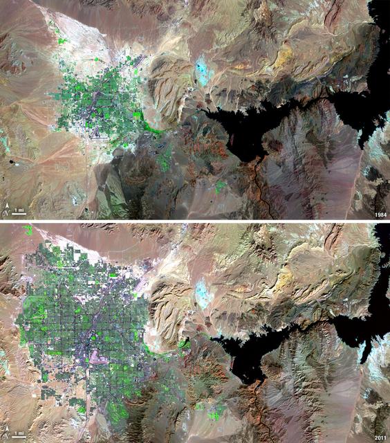 Over the years of the Landsat program, the desert city of Las Vegas has gone through a massive growth spurt. The outward expansion of the city over the last quarter of a century is shown here with two false-color Landsat 5 images (August 3, 1984, and November 2, 2011).  The dark purple grid of city streets and the green of irrigated vegetation grow out in every direction into the surrounding desert. These images were created using reflected light from the shortwave infrared, near-infrared, and green portions of the electromagnetic spectrum (Landsat 5 TM bands 7,4,2).  ----  NASA and the U.S. Department of the Interior through the U.S. Geological Survey (USGS) jointly manage Landsat, and the USGS preserves a 40-year archive of Landsat images that is freely available over the Internet. The next Landsat satellite, now known as the Landsat Data Continuity Mission (LDCM) and later to be called Landsat 8, is scheduled for launch in 2013.  In honor of Landsat’s 40th anniversary in July 2012, the USGS released the LandsatLook viewer – a quick, simple way to go forward and backward in time, pulling images of anywhere in the world out of the Landsat archive.  <b><a href="http://www.nasa.gov/audience/formedia/features/MP_Photo_Guidelines.html" rel="nofollow">NASA image use policy.</a></b>  <b><a href="http://www.nasa.gov/centers/goddard/home/index.html" rel="nofollow">NASA Goddard Space Flight Center</a></b> enables NASA’s mission through four scientific endeavors: Earth Science, Heliophysics, Solar System Exploration, and Astrophysics. Goddard plays a leading role in NASA’s accomplishments by contributing compelling scientific knowledge to advance the Agency’s mission.  <b>Follow us on <a href="http://twitter.com/NASA_GoddardPix" rel="nofollow">Twitter</a></b>  <b>Like us on <a href="http://www.facebook.com/pages/Greenbelt-MD/NASA-Goddard/395013845897?ref=tsd" rel="nofollow">Facebook</a></b>  <b>Find us on <a href="http://instagrid.me/nasagoddard/?vm=grid" rel="nofollow">Instagram</a></b>