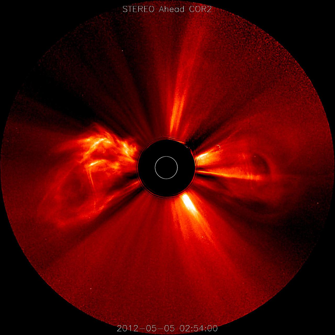 Nearly a dozen coronal mass ejections in less than four days (May 3-6, 2012) may serve as a reminder that the Sun is approaching its period of maximum activity, expected to peak next year. STEREO (Ahead) from its position over 100 degrees ahead of Earth, captured several major eruptions, with most of them heading way to the right (i.e., away from Earth). In these coronagraph images the Sun is represented by the white circle. The black occulting disk blocks out the Sun and some of the corona so that we can see the faint structures beyond that.  Credit: NASA/GSFC/SOHO  <b><a href="http://www.nasa.gov/audience/formedia/features/MP_Photo_Guidelines.html" rel="nofollow">NASA image use policy.</a></b>  <b><a href="http://www.nasa.gov/centers/goddard/home/index.html" rel="nofollow">NASA Goddard Space Flight Center</a></b> enables NASA’s mission through four scientific endeavors: Earth Science, Heliophysics, Solar System Exploration, and Astrophysics. Goddard plays a leading role in NASA’s accomplishments by contributing compelling scientific knowledge to advance the Agency’s mission.  <b>Follow us on <a href="http://twitter.com/NASA_GoddardPix" rel="nofollow">Twitter</a></b>  <b>Like us on <a href="http://www.facebook.com/pages/Greenbelt-MD/NASA-Goddard/395013845897?ref=tsd" rel="nofollow">Facebook</a></b>  <b>Find us on <a href="http://instagrid.me/nasagoddard/?vm=grid" rel="nofollow">Instagram</a></b>