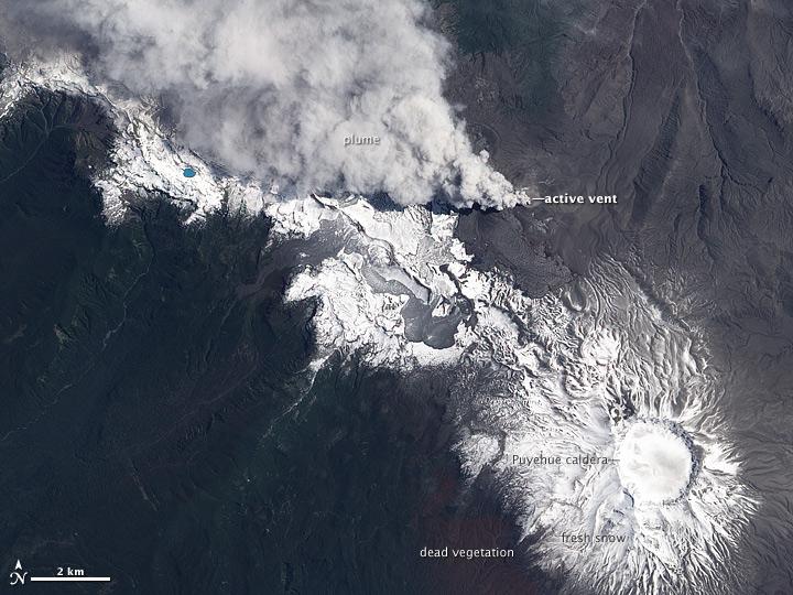 NASA image acquired December 23, 2011  In early June 2011, Chile’s Puyehue-Cordón Caulle Volcano erupted explosively, sending volcanic ash around the Southern Hemisphere. In late December 2011, activity at the volcano had calmed, but volcanic ash and steam continued to pour through the fissure that opened several months earlier.  The Advanced Land Imager (ALI) on NASA’s Earth Observing-1 (EO-1) satellite captured this natural-color image on December 23, 2011. The active fissure lies northwest of the Puyehue caldera, and a plume blows from the fissure toward the west and north. This image shows not just ash but also snow on the volcano surface, including the caldera. Because volcanic ash regularly coats the land surface, the pristine snow probably fell recently.  In a bulletin issued December 26, 2011, Chile’s Servicio Nacional de Geología y Minería (SERNAGEOMIN) characterized the activity over the previous 24 hours as a minor eruption of low intensity.  Reaching an altitude of 2,236 meters (7,336 feet), Puyehue-Cordón Caulle is a stratovolcano, a steep-sloped, conical volcano composed of layers of ash, lava, and rocks released by previous eruptions. This volcano comprises part of the largest active geothermal area in the southern Andes.  NASA Earth Observatory image created by Jesse Allen, using EO-1 ALI data provided courtesy of the NASA EO-1 team. Caption by Michon Scott.  Instrument:  EO-1 - ALI   To view more images from this event go here: <a href="http://earthobservatory.nasa.gov/NaturalHazards/event.php?id=50859" rel="nofollow">earthobservatory.nasa.gov/NaturalHazards/event.php?id=50859</a>  Credit: <b><a href="http://www.earthobservatory.nasa.gov/" rel="nofollow"> NASA Earth Observatory</a></b>  <b><a href="http://www.nasa.gov/audience/formedia/features/MP_Photo_Guidelines.html" rel="nofollow">NASA image use policy.</a></b>  <b><a href="http://www.nasa.gov/centers/goddard/home/index.html" rel="nofollow">NASA Goddard Space Flight Center</a></b> enables NASA’s mission through four scientific endeavors: Earth Science, Heliophysics, Solar System Exploration, and Astrophysics. Goddard plays a leading role in NASA’s accomplishments by contributing compelling scientific knowledge to advance the Agency’s mission.  <b>Follow us on <a href="http://twitter.com/NASA_GoddardPix" rel="nofollow">Twitter</a></b>  <b>Like us on <a href="http://www.facebook.com/pages/Greenbelt-MD/NASA-Goddard/395013845897?ref=tsd" rel="nofollow">Facebook</a></b>  <b>Find us on <a href="http://instagrid.me/nasagoddard/?vm=grid" rel="nofollow">Instagram</a></b>
