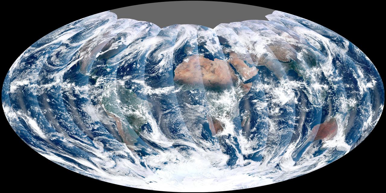 NASA acquired November 24, 2011 From its vantage 824 kilometers (512 miles) above Earth, the Visible Infrared Imager Radiometer Suite (VIIRS) on the NPOESS Preparatory Project (NPP) satellite gets a complete view of our planet every day. This image from November 24, 2011, is the first complete global image from VIIRS. The NPP satellite launched on October 28, 2011, and VIIRS acquired its first measurements on November 21. To date, the images are preliminary, used to gauge the health of the sensor as engineers continue to power it up for full operation. Rising from the south and setting in the north on the daylight side of Earth, VIIRS images the surface in long wedges measuring 3,000 kilometers (1,900 miles) across. The swaths from each successive orbit overlap one another, so that at the end of the day, the sensor has a complete view of the globe. The Arctic is missing because it is too dark to view in visible light during the winter. The NPP satellite was placed in a Sun-synchronous orbit, a unique path that takes the satellite over the equator at the same local (ground) time in every orbit. So, when NPP flies over Kenya, it is about 1:30 p.m. on the ground. When NPP reaches Gabon—about 3,000 kilometers to the west—on the next orbit, it is close to 1:30 p.m. on the ground. This orbit allows the satellite to maintain the same angle between the Earth and the Sun so that all images have similar lighting. The consistent lighting is evident in the daily global image. Stripes of sunlight (sunglint) reflect off the ocean in the same place on the left side of every swath. The consistent angle is important because it allows scientists to compare images from year to year without worrying about extreme changes in shadows and lighting. The image also shows a band of haze along the right side of every orbit swath. When light travels through the atmosphere, it bounces off particles or scatters, making the atmosphere look hazy. The scattering effect is most pronounced along the edge of the swath, where the sensor is looking at an angle through more of the atmosphere. Scientists can correct for this scattering effect, but need measurements from a range of wavelengths to do so. The degree to which light scatters depends partly on the wavelength of the light. Blue light scatters more than red light, for example, which is why the sky is blue. VIIRS measures 22 different wavelengths of light, but not all of the sensor’s detectors are operating at peak performance yet. Those measuring thermal infrared light are not yet cold enough to collect reliable measurements. Once VIIRS begins full operations, it will produce a range of measurements from ocean temperature to clouds to the locations of fires. These measurements will help extend the record from earlier sensors like the Moderate Resolution Imaging Spectroradiometer (MODIS). VIIRS is very similar to MODIS, but flies at a higher altitude to measure the whole planet without gaps. (MODIS daily measurements have gaps at the equator. See the MODIS image from November 24.) VIIRS also sees the Earth in less detail, 375 meters per pixel, compared to 250 meters per pixel for MODIS. Image by NASA’s NPP Land Product Evaluation and Testing Element. Caption by Holli Riebeek. Credit: <b><a href="http://www.earthobservatory.nasa.gov/" rel="nofollow"> NASA Earth Observatory</a></b> <b><a href="http://www.nasa.gov/audience/formedia/features/MP_Photo_Guidelines.html" rel="nofollow">NASA image use policy.</a></b> <b><a href="http://www.nasa.gov/centers/goddard/home/index.html" rel="nofollow">NASA Goddard Space Flight Center</a></b> enables NASA’s mission through four scientific endeavors: Earth Science, Heliophysics, Solar System Exploration, and Astrophysics. Goddard plays a leading role in NASA’s accomplishments by contributing compelling scientific knowledge to advance the Agency’s mission. <b>Follow us on <a href="http://twitter.com/NASA_GoddardPix" rel="nofollow">Twitter</a></b> <b>Like us on <a href="http://www.facebook.com/pages/Greenbelt-MD/NASA-Goddard/395013845897?ref=tsd" rel="nofollow">Facebook</a></b> <b>Find us on <a href="http://instagrid.me/nasagoddard/?vm=grid" rel="nofollow">Instagram</a></b>