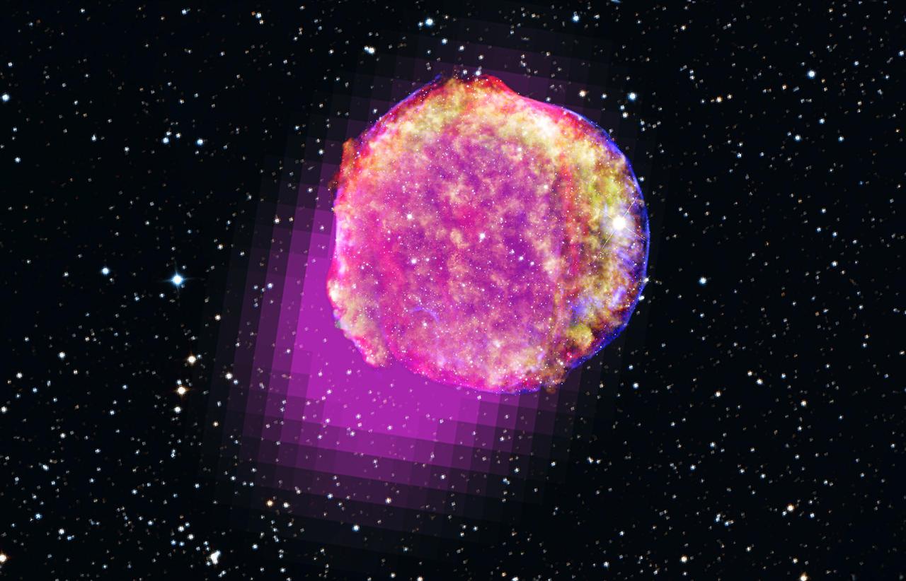 NASA image relase December 13, 2011  Gamma-rays detected by Fermi's LAT show that the remnant of Tycho's supernova shines in the highest-energy form of light. This portrait of the shattered star includes gamma rays (magenta), X-rays (yellow, green, and blue), infrared (red) and optical data.   Credit: Gamma ray, NASA/DOE/Fermi LAT Collaboration; X-ray, NASA/CXC/SAO; Infrared, NASA/JPL-Caltech; Optical, MPIA, Calar Alto, O. Krause et al. and DSS  To read more go to: <a href="http://www.nasa.gov/mission_pages/GLAST/news/tycho-star.html" rel="nofollow">www.nasa.gov/mission_pages/GLAST/news/tycho-star.html</a>  <b><a href="http://www.nasa.gov/audience/formedia/features/MP_Photo_Guidelines.html" rel="nofollow">NASA image use policy.</a></b>  <b><a href="http://www.nasa.gov/centers/goddard/home/index.html" rel="nofollow">NASA Goddard Space Flight Center</a></b> enables NASA’s mission through four scientific endeavors: Earth Science, Heliophysics, Solar System Exploration, and Astrophysics. Goddard plays a leading role in NASA’s accomplishments by contributing compelling scientific knowledge to advance the Agency’s mission.  <b>Follow us on <a href="http://twitter.com/NASA_GoddardPix" rel="nofollow">Twitter</a></b>  <b>Like us on <a href="http://www.facebook.com/pages/Greenbelt-MD/NASA-Goddard/395013845897?ref=tsd" rel="nofollow">Facebook</a></b>  <b>Find us on <a href="http://instagrid.me/nasagoddard/?vm=grid" rel="nofollow">Instagram</a></b>
