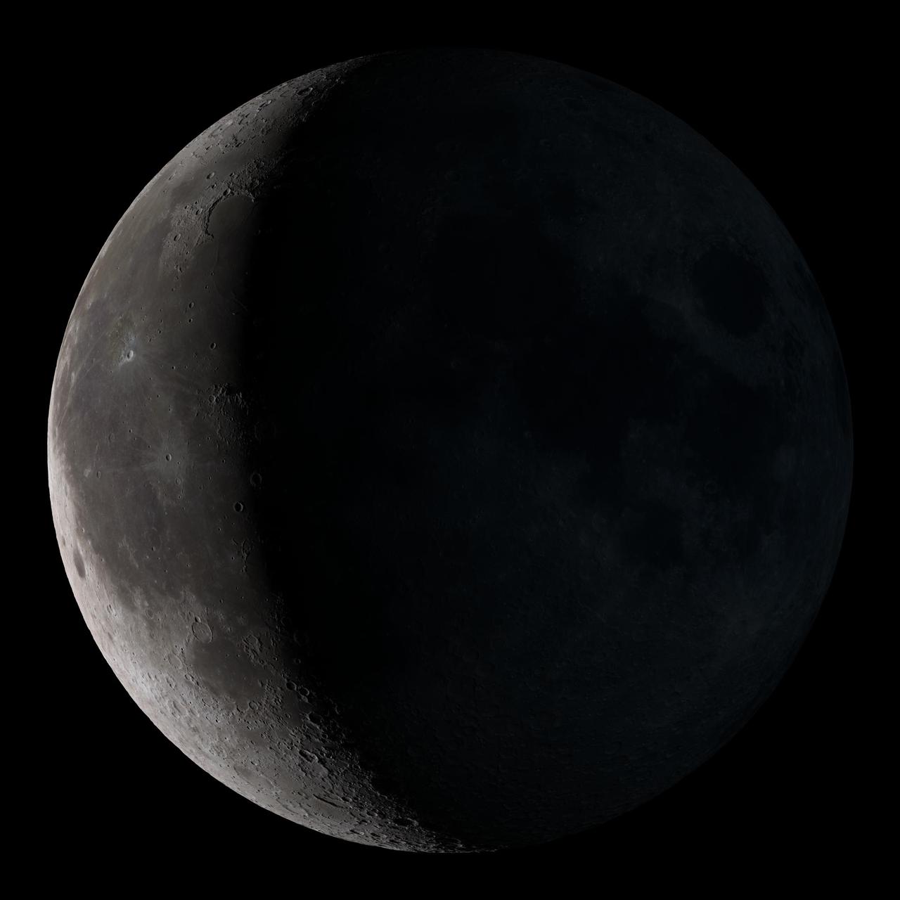 Waning crescent. Low to the east before sunrise. This marks the first time that accurate shadows at this level of detail are possible in such a computer simulation. The shadows are based on the global elevation map being developed from measurements by the Lunar Orbiter Laser Altimeter (LOLA) aboard the Lunar Reconnaissance Orbiter (LRO). LOLA has already taken more than 10 times as many elevation measurements as all previous missions combined. The Moon always keeps the same face to us, but not exactly the same face. Because of the tilt and shape of its orbit, we see the Moon from slightly different angles over the course of a month. When a month is compressed into 12 seconds, as it is in this animation, our changing view of the Moon makes it look like it's wobbling. This wobble is called libration. The word comes from the Latin for "balance scale" (as does the name of the zodiac constellation Libra) and refers to the way such a scale tips up and down on alternating sides. The sub-Earth point gives the amount of libration in longitude and latitude. The sub-Earth point is also the apparent center of the Moon's disk and the location on the Moon where the Earth is directly overhead. The Moon is subject to other motions as well. It appears to roll back and forth around the sub-Earth point. The roll angle is given by the position angle of the axis, which is the angle of the Moon's north pole relative to celestial north. The Moon also approaches and recedes from us, appearing to grow and shrink. The two extremes, called perigee (near) and apogee (far), differ by more than 10%. The most noticed monthly variation in the Moon's appearance is the cycle of phases, caused by the changing angle of the Sun as the Moon orbits the Earth. The cycle begins with the waxing (growing) crescent Moon visible in the west just after sunset. By first quarter, the Moon is high in the sky at sunset and sets around midnight. The full Moon rises at sunset and is high in the sky at midnight. The third quarter Moon is often surprisingly conspicuous in the daylit western sky long after sunrise. Celestial north is up in these images, corresponding to the view from the northern hemisphere. The descriptions of the print resolution stills also assume a northern hemisphere orientation. To adjust for southern hemisphere views, rotate the images 180 degrees, and substitute "north" for "south" in the descriptions. Credit: <a href="http://svs.gsfc.nasa.gov/index.html" rel="nofollow">NASA/Goddard Space Flight Center Scientific Visualization Studio</a> <b><a href="http://www.nasa.gov/centers/goddard/home/index.html" rel="nofollow">NASA Goddard Space Flight Center</a></b> enables NASA’s mission through four scientific endeavors: Earth Science, Heliophysics, Solar System Exploration, and Astrophysics. Goddard plays a leading role in NASA’s accomplishments by contributing compelling scientific knowledge to advance the Agency’s mission. <b>Follow us on <a href="http://twitter.com/NASA_GoddardPix" rel="nofollow">Twitter</a></b> <b>Join us on <a href="http://www.facebook.com/pages/Greenbelt-MD/NASA-Goddard/395013845897?ref=tsd" rel="nofollow">Facebook</a></b> <b>Find us on <a href="http://web.stagram.com/n/nasagoddard/?vm=grid" rel="nofollow">Instagram</a></b>