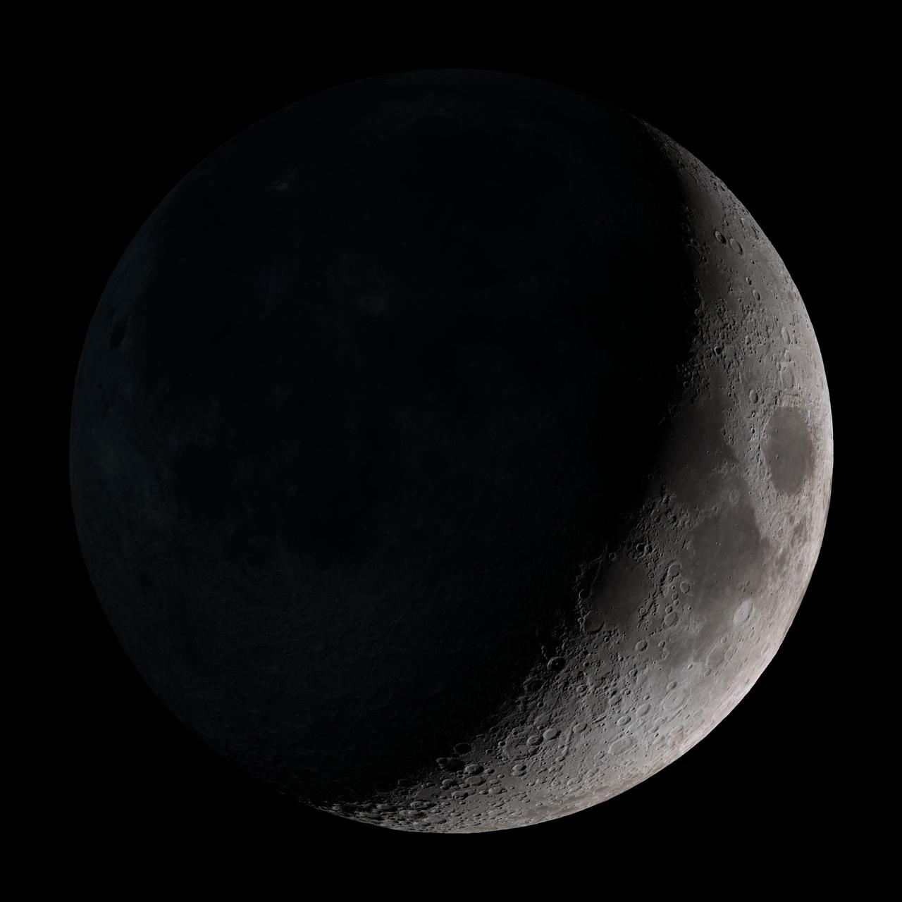 Waxing crescent. Visible toward the southwest in early evening. This marks the first time that accurate shadows at this level of detail are possible in such a computer simulation. The shadows are based on the global elevation map being developed from measurements by the Lunar Orbiter Laser Altimeter (LOLA) aboard the Lunar Reconnaissance Orbiter (LRO). LOLA has already taken more than 10 times as many elevation measurements as all previous missions combined. The Moon always keeps the same face to us, but not exactly the same face. Because of the tilt and shape of its orbit, we see the Moon from slightly different angles over the course of a month. When a month is compressed into 12 seconds, as it is in this animation, our changing view of the Moon makes it look like it's wobbling. This wobble is called libration. The word comes from the Latin for "balance scale" (as does the name of the zodiac constellation Libra) and refers to the way such a scale tips up and down on alternating sides. The sub-Earth point gives the amount of libration in longitude and latitude. The sub-Earth point is also the apparent center of the Moon's disk and the location on the Moon where the Earth is directly overhead. The Moon is subject to other motions as well. It appears to roll back and forth around the sub-Earth point. The roll angle is given by the position angle of the axis, which is the angle of the Moon's north pole relative to celestial north. The Moon also approaches and recedes from us, appearing to grow and shrink. The two extremes, called perigee (near) and apogee (far), differ by more than 10%. The most noticed monthly variation in the Moon's appearance is the cycle of phases, caused by the changing angle of the Sun as the Moon orbits the Earth. The cycle begins with the waxing (growing) crescent Moon visible in the west just after sunset. By first quarter, the Moon is high in the sky at sunset and sets around midnight. The full Moon rises at sunset and is high in the sky at midnight. The third quarter Moon is often surprisingly conspicuous in the daylit western sky long after sunrise. Celestial north is up in these images, corresponding to the view from the northern hemisphere. The descriptions of the print resolution stills also assume a northern hemisphere orientation. To adjust for southern hemisphere views, rotate the images 180 degrees, and substitute "north" for "south" in the descriptions. Credit: <a href="http://svs.gsfc.nasa.gov/index.html" rel="nofollow">NASA/Goddard Space Flight Center Scientific Visualization Studio</a> <b><a href="http://www.nasa.gov/centers/goddard/home/index.html" rel="nofollow">NASA Goddard Space Flight Center</a></b> enables NASA’s mission through four scientific endeavors: Earth Science, Heliophysics, Solar System Exploration, and Astrophysics. Goddard plays a leading role in NASA’s accomplishments by contributing compelling scientific knowledge to advance the Agency’s mission. <b>Follow us on <a href="http://twitter.com/NASA_GoddardPix" rel="nofollow">Twitter</a></b> <b>Join us on <a href="http://www.facebook.com/pages/Greenbelt-MD/NASA-Goddard/395013845897?ref=tsd" rel="nofollow">Facebook</a></b> <b>Find us on <a href="http://web.stagram.com/n/nasagoddard/?vm=grid" rel="nofollow">Instagram</a></b>