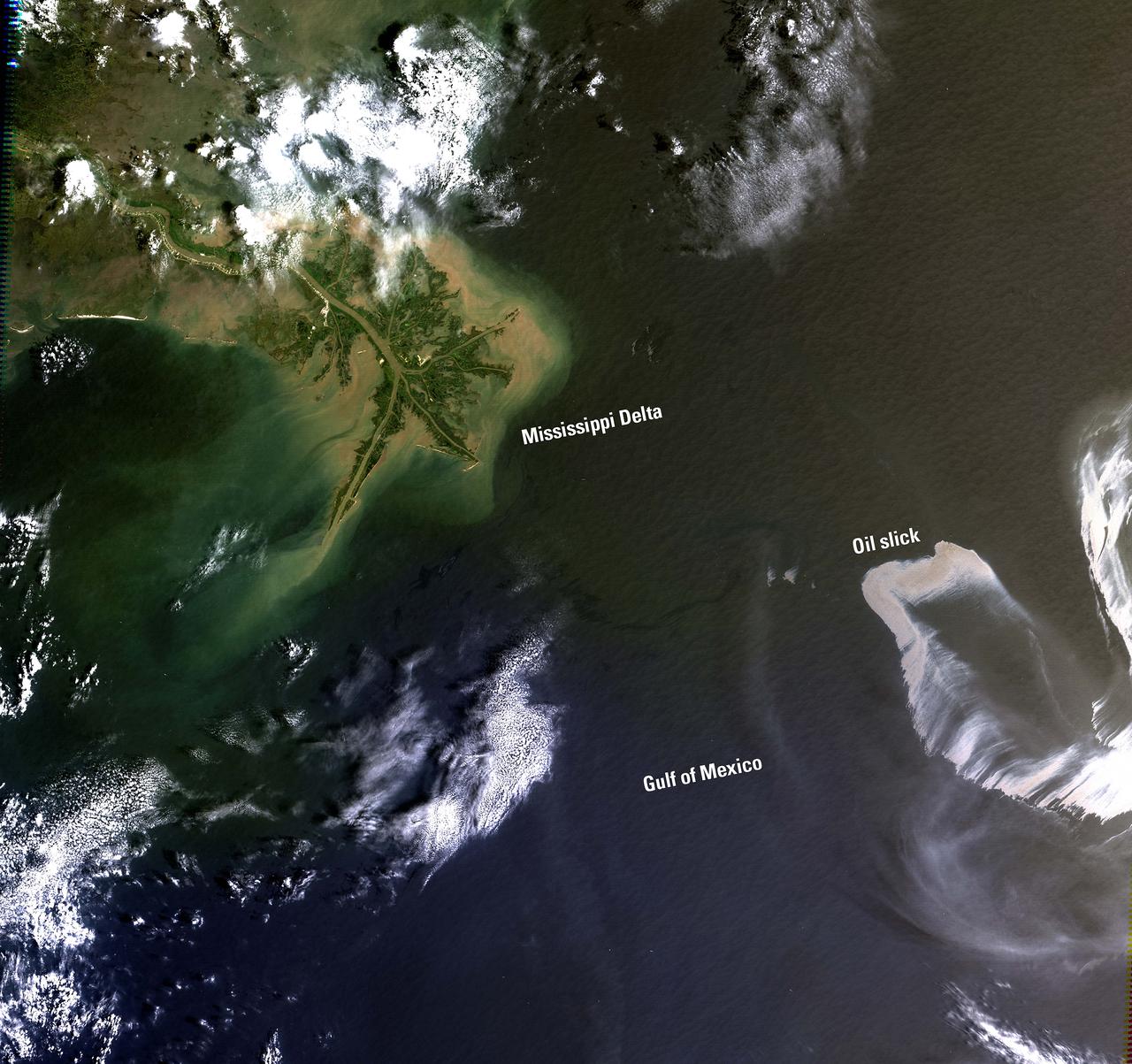 On April 20, 2010, an explosion at an oil well in the Gulf of Mexico resulted in a major oil spill. Since then, emergency response efforts have been underway to contain the growing oil slick before it reaches the southern coast of the United States. Landsat imagery, acquired by the U.S. Geological Survey on May 1 shows the extent of the oil slick. The Landsat data are being used to monitor the extent and movement of the slick. Location: LA, USA Date Taken: May 1 2010 Credit: NASA/GSFC/Landsat <b><a href="http://www.nasa.gov/centers/goddard/home/index.html" rel="nofollow">NASA Goddard Space Flight Center</a></b> enables NASA’s mission through four scientific endeavors: Earth Science, Heliophysics, Solar System Exploration, and Astrophysics. Goddard plays a leading role in NASA’s accomplishments by contributing compelling scientific knowledge to advance the Agency’s mission. <b>Follow us on <a href="http://twitter.com/NASA_GoddardPix" rel="nofollow">Twitter</a></b> <b>Join us on <a href="http://www.facebook.com/pages/Greenbelt-MD/NASA-Goddard/395013845897?ref=tsd" rel="nofollow">Facebook</a></b>