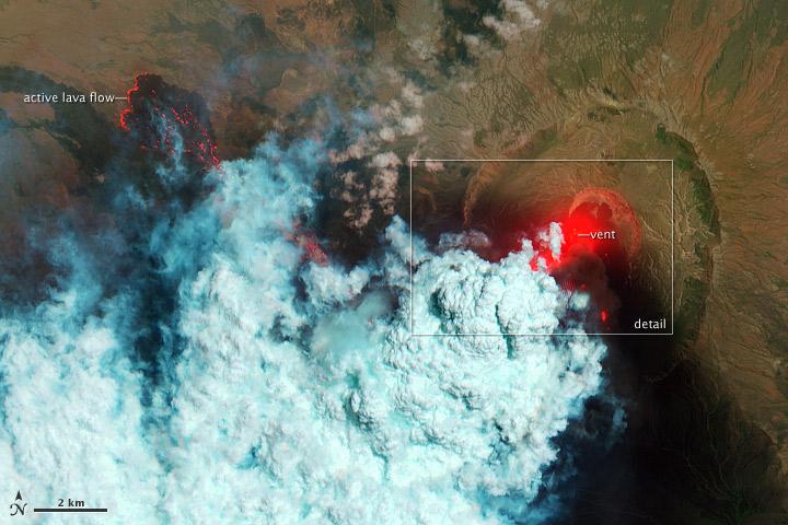 NASA image acquired June 24, 2011  Since it began erupting on June 12, 2011, emissions from Eritrea’s Nabro Volcano have drifted over much of East Africa and the Middle East. Ash has displaced residents living near the volcano and disrupted flights in the region. Despite the volcano’s widespread effects, little is known about the eruption. Nabro is located in an isolated region along the border between Eritrea and Ethiopia, and few English-language reports have been published. Satellite remote sensing is currently the only reliable way to monitor the ongoing eruption.  This satellite image is among the first detailed pictures of the erupting vent and lava flows. They were acquired by the Advanced Land Imager (ALI) aboard the Earth Observing-1 (EO-1) satellite on June 24, 2011.  The bright red portions of the false-color image (top) indicate hot surfaces. Hot volcanic ash glows above the vent, located in the center of Nabro’s caldera. To the west of the vent, portions of an active lava flow (particularly the front of the flow) are also hot. The speckled pattern on upstream portions of the flow are likely due to the cool, hardened crust splitting and exposing fluid lava as the flow advances. The bulbous blue-white cloud near the vent is likely composed largely of escaping water vapor that condensed as the plume rose and cooled. The whispy, cyan clouds above the lava flow are evidence of degassing from the lava.  NASA Earth Observatory image by Robert Simmon, using EO-1 ALI data. Caption by Robert Simmon.  Instrument: EO-1 - ALI  To download the high res go here: <a href="http://earthobservatory.nasa.gov/IOTD/view.php?id=51216" rel="nofollow">earthobservatory.nasa.gov/IOTD/view.php?id=51216</a>  <b><a href="http://www.nasa.gov/centers/goddard/home/index.html" rel="nofollow">NASA Goddard Space Flight Center</a></b> enables NASA’s mission through four scientific endeavors: Earth Science, Heliophysics, Solar System Exploration, and Astrophysics. Goddard plays a leading role in NASA’s accomplishments by contributing compelling scientific knowledge to advance the Agency’s mission.  <b>Follow us on <a href="http://twitter.com/NASA_GoddardPix" rel="nofollow">Twitter</a></b>  <b>Like us on <a href="http://www.facebook.com/pages/Greenbelt-MD/NASA-Goddard/395013845897?ref=tsd" rel="nofollow">Facebook</a></b>  <b>Find us on <a href="http://web.stagram.com/n/nasagoddard/?vm=grid" rel="nofollow">Instagram</a></b>