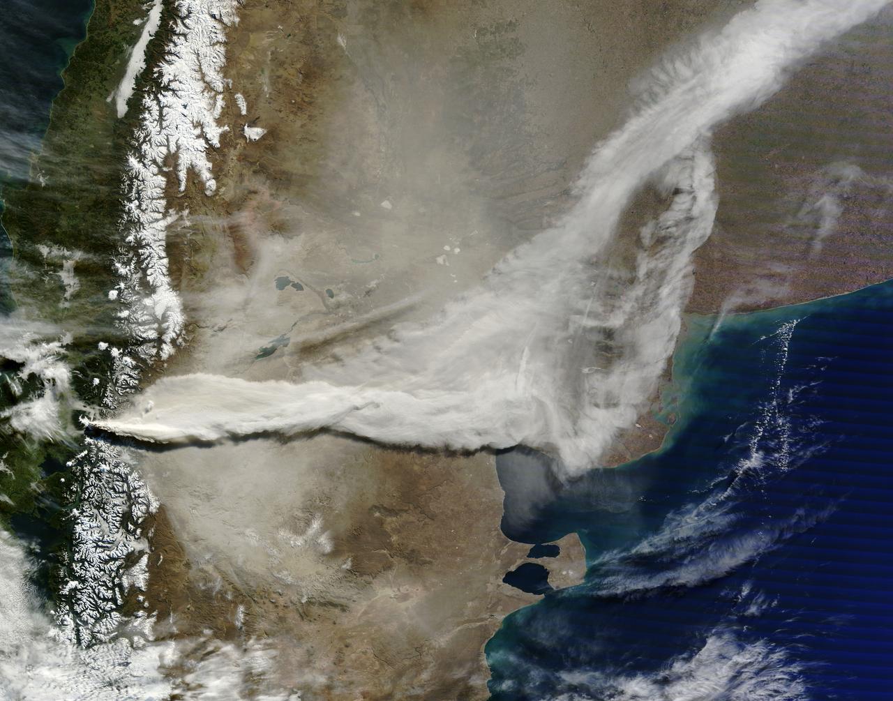 June 13, 2011  The MODIS instrument on NASA's Terra satellite captured this visible image of the ash plume from the eruption of the Puyehue-Cordón Caulle volcano, Chile on June 13 at 14:35 UTC (10:35 a.m. EDT). The wind shifted from the day before and was now blowing from the west and southwest, pushing the plume east and northeast. Note the snow on the Andes Mountain rage.    Image Credit: NASA Goddard/MODIS Rapid Response, Jeff Schmaltz/Text: NASA/Rob Gutro  <b><a href="http://www.nasa.gov/centers/goddard/home/index.html" rel="nofollow">NASA Goddard Space Flight Center</a></b> enables NASA’s mission through four scientific endeavors: Earth Science, Heliophysics, Solar System Exploration, and Astrophysics. Goddard plays a leading role in NASA’s accomplishments by contributing compelling scientific knowledge to advance the Agency’s mission.  <b>Follow us on <a href="http://twitter.com/NASA_GoddardPix" rel="nofollow">Twitter</a></b>  <b>Join us on <a href="http://www.facebook.com/pages/Greenbelt-MD/NASA-Goddard/395013845897?ref=tsd" rel="nofollow">Facebook</a></b>  <b>Find us on <a href="http://web.stagram.com/n/nasagoddard/?vm=grid" rel="nofollow">Instagram</a></b>