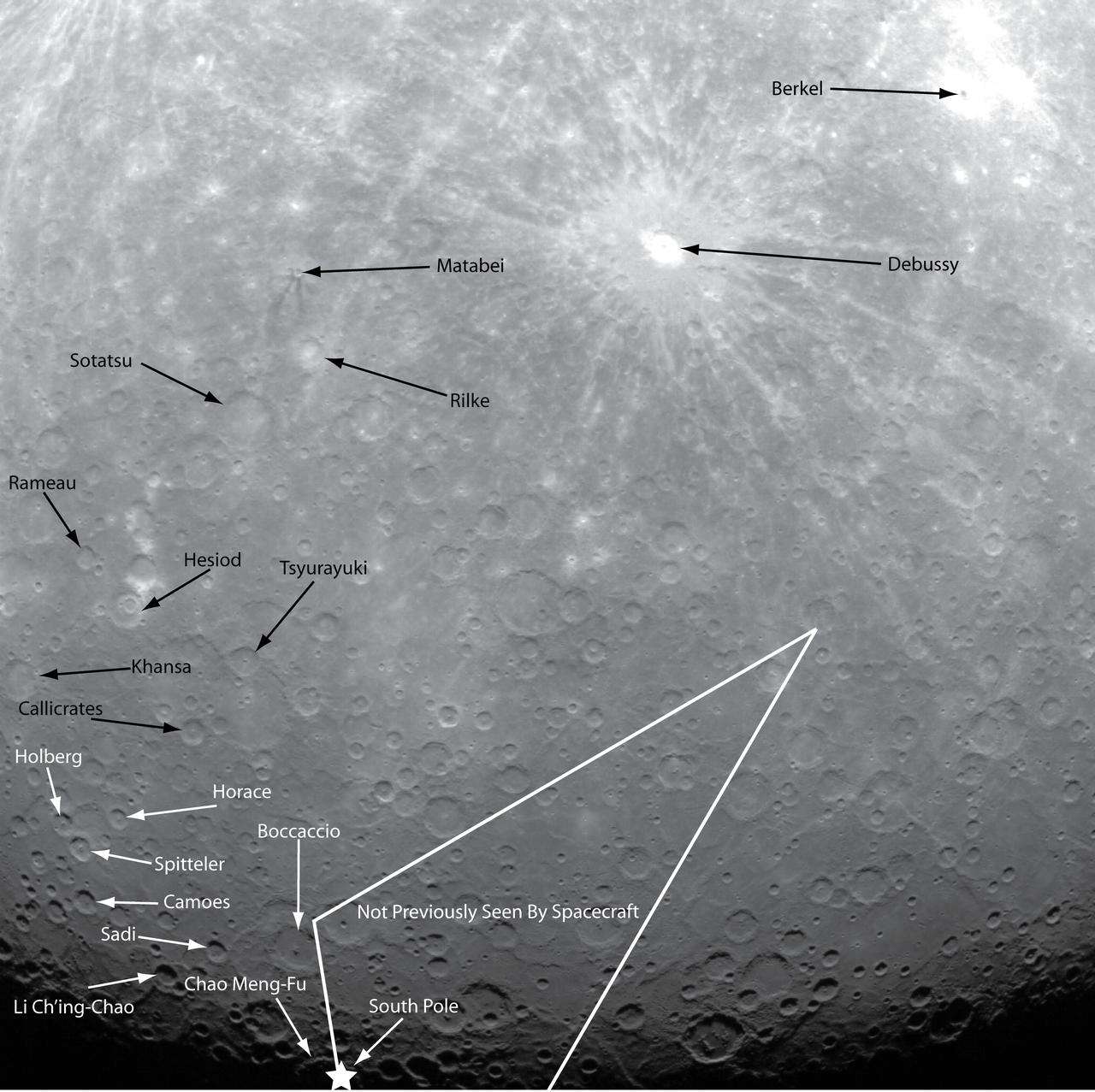 NASA image acquired: March 29, 2011  This historic first orbital image of Mercury was acquired 37 years to the day after Mariner 10’s historic first flyby of the innermost planet. Labels have been added to indicate several craters that were named based on Mariner 10 images, as well as Debussy, Matabei, and Berkel, which were named based on MESSENGER flyby images. The surface contained in the white lines is terrain previously unseen by spacecraft, and the star indicates the location of the south pole.  On March 17, 2011 (March 18, 2011, UTC), MESSENGER became the first spacecraft to orbit the planet Mercury. The mission is currently in its commissioning phase, during which spacecraft and instrument performance are verified through a series of specially designed checkout activities. In the course of the one-year primary mission, the spacecraft's seven scientific instruments and radio science investigation will unravel the history and evolution of the Solar System's innermost planet. Visit the Why Mercury? section of this website to learn more about the science questions that the MESSENGER mission has set out to answer.  Credit: NASA/Johns Hopkins University Applied Physics Laboratory/Carnegie Institution of Washington  <b><a href="http://www.nasa.gov/centers/goddard/home/index.html" rel="nofollow">NASA Goddard Space Flight Center</a></b> enables NASA’s mission through four scientific endeavors: Earth Science, Heliophysics, Solar System Exploration, and Astrophysics. Goddard plays a leading role in NASA’s accomplishments by contributing compelling scientific knowledge to advance the Agency’s mission.  <b>Follow us on <a href="http://twitter.com/NASA_GoddardPix" rel="nofollow">Twitter</a></b>  <b>Join us on <a href="http://www.facebook.com/pages/Greenbelt-MD/NASA-Goddard/395013845897?ref=tsd" rel="nofollow">Facebook</a></b>
