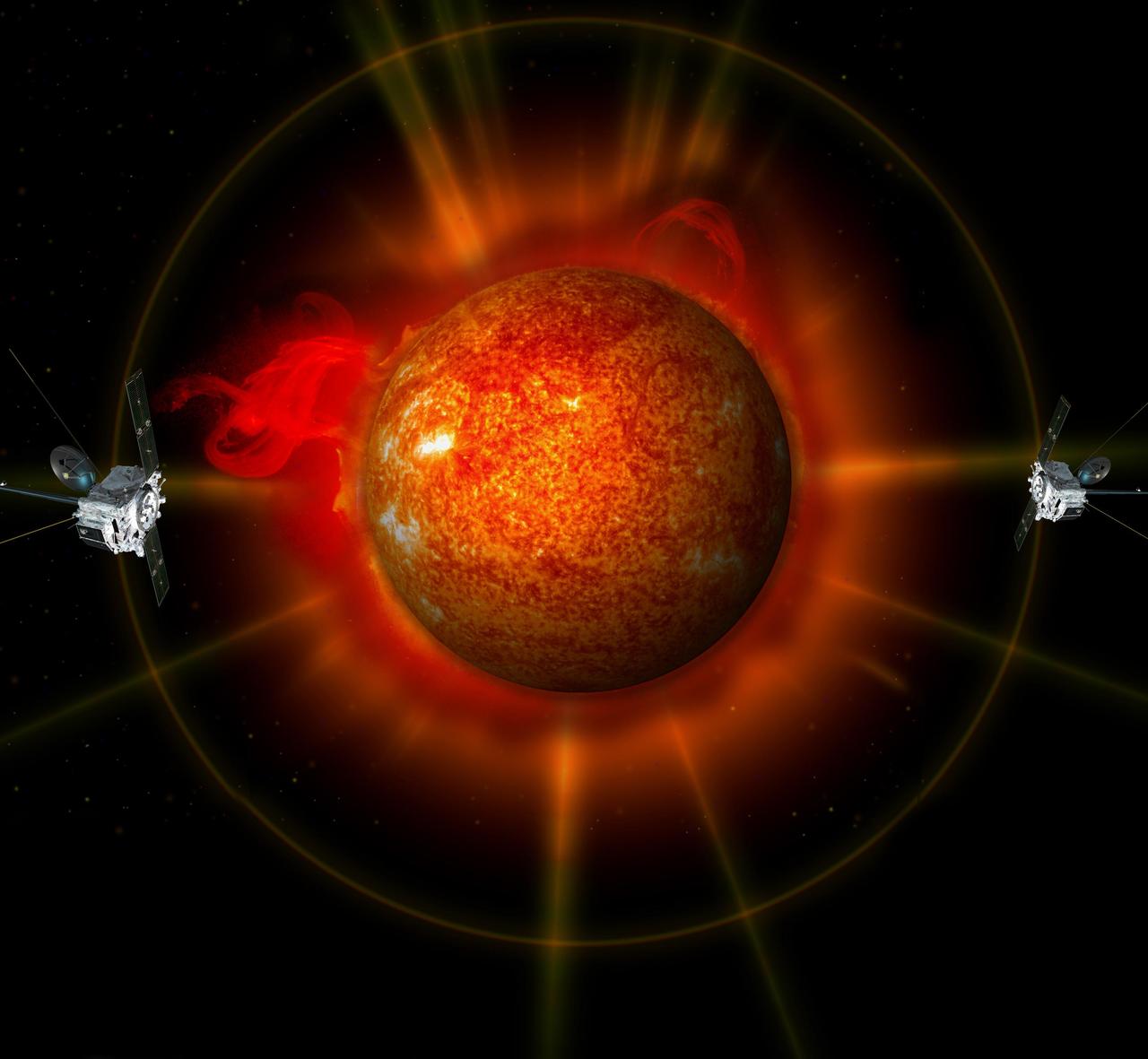 An artist's concept of STEREO surrounding the sun.   Credit: NASA  To read more about STEREO go to: <a href="http://www.nasa.gov/mission_pages/stereo/news/entire-sun.html" rel="nofollow">www.nasa.gov/mission_pages/stereo/news/entire-sun.html</a>  <b><a href="http://www.nasa.gov/centers/goddard/home/index.html" rel="nofollow">NASA Goddard Space Flight Center</a></b> enables NASA’s mission through four scientific endeavors: Earth Science, Heliophysics, Solar System Exploration, and Astrophysics. Goddard plays a leading role in NASA’s accomplishments by contributing compelling scientific knowledge to advance the Agency’s mission.  <b>Follow us on <a href="http://twitter.com/NASA_GoddardPix" rel="nofollow">Twitter</a></b>  <b>Join us on <a href="http://www.facebook.com/pages/Greenbelt-MD/NASA-Goddard/395013845897?ref=tsd" rel="nofollow">Facebook</a></b>