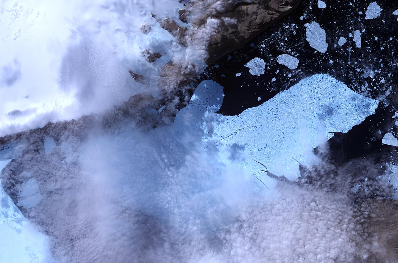 NASA image acquired August 11, 2010.  After breaking off the Petermann Glacier on August 5, 2010, a massive ice island floated slowly down the fjord toward the Nares Strait. The Advanced Spaceborne Thermal Emission and Reflection Radiometer (ASTER) on NASA’s Terra satellite captured this false-color image of the ice island on August 11, 2010. In this image, ice is light blue, water is nearly black, and clouds are nearly white. Although a bank of thin clouds hovers over the fjord, the southernmost margin of the ice island is still visible. Toward the north, the leading edge of the ice island retains the same shape it had days earlier, at the time of the initial calving.  NASA Earth Observatory image created by Jesse Allen, using data provided courtesy of NASA/GSFC/METI/ERSDAC/JAROS, and U.S./Japan ASTER Science Team. Caption by Michon Scott.  Instrument: Terra - ASTER  To see more images from of the glacier go to: <a href="http://earthobservatory.nasa.gov/NaturalHazards/event.php?id=45116" rel="nofollow">earthobservatory.nasa.gov/NaturalHazards/event.php?id=45116</a>  <b><a href="http://www.nasa.gov/centers/goddard/home/index.html" rel="nofollow">NASA Goddard Space Flight Center</a></b>  is home to the nation's largest organization of combined scientists, engineers and technologists that build spacecraft, instruments and new technology to study the Earth, the sun, our solar system, and the universe.  <b>Follow us on <a href="http://twitter.com/NASA_GoddardPix" rel="nofollow">Twitter</a></b>  <b>Join us on <a href="http://www.facebook.com/pages/Greenbelt-MD/NASA-Goddard/395013845897?ref=tsd" rel="nofollow">Facebook</a><b></b></b>