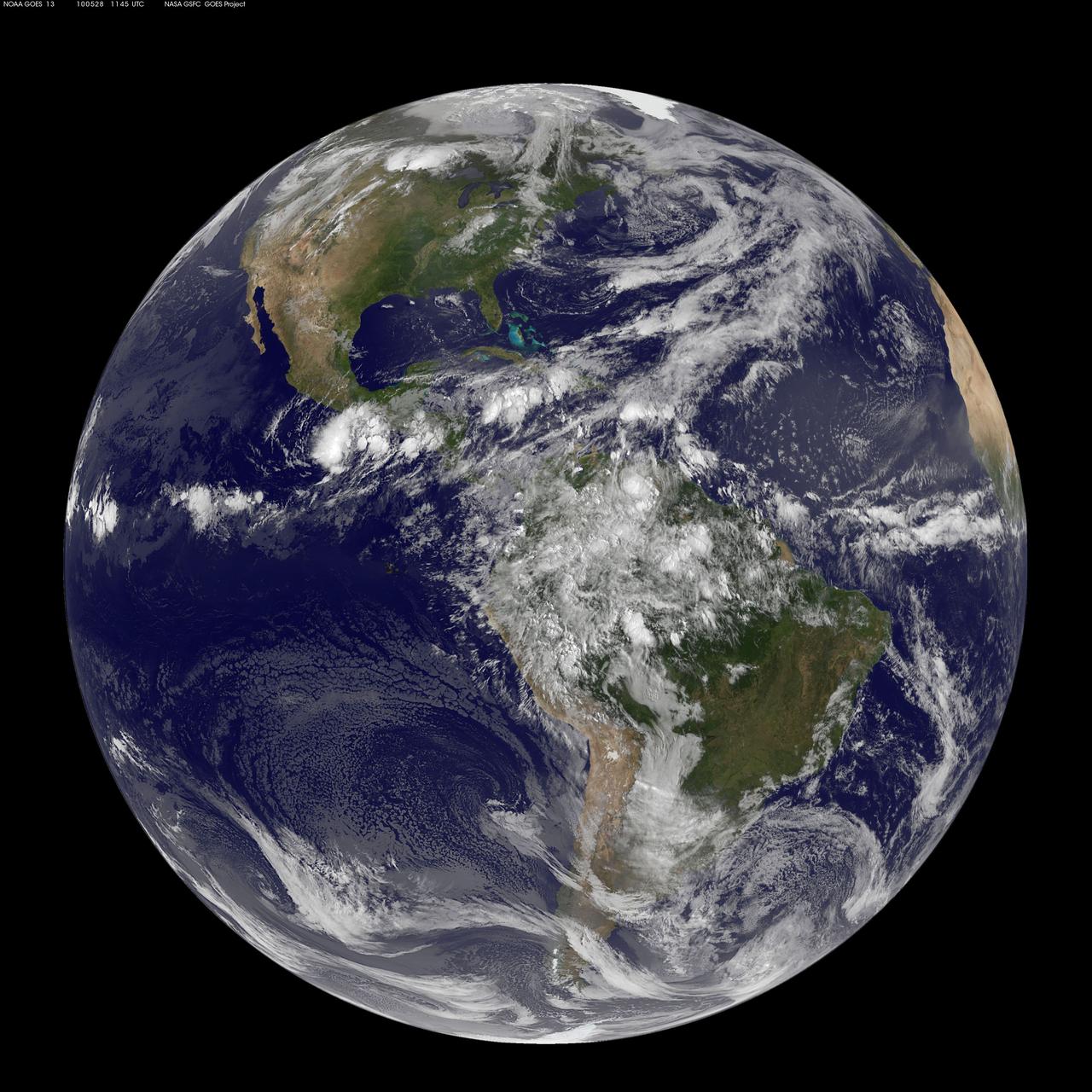 NASA GOES 13 satellite image showing earth on May 28, 2010 11:45 UTC.  <b><a href="http://goes.gsfc.nasa.gov/" rel="nofollow">Credit: NOAA/NASA GOES Project</a><b>  <b><a href="http://www.nasa.gov/centers/goddard/home/index.html" rel="nofollow">NASA Goddard Space Flight Center</a></b>  is home to the nation's largest organization of combined scientists, engineers and technologists that build spacecraft, instruments and new technology to study the Earth, the sun, our solar system, and the universe.  <b>Follow us on <a href="http://twitter.com/NASA_GoddardPix" rel="nofollow">Twitter</a></b>  <b>Join us on <a href="http://www.facebook.com/pages/Greenbelt-MD/NASA-Goddard/395013845897?ref=tsd" rel="nofollow">Facebook</a></b></b></b>