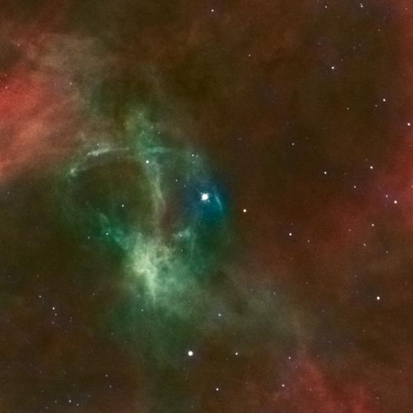 NASA image release May 11, 2010  Hubble Catches Heavyweight Runaway Star Speeding from 30 Doradus  Image: Hubble/WFPC2 and ESO/2.2-m Composite Image of 30 Dor Runaway Star  A blue-hot star, 90 times more massive than our Sun, is hurtling across space fast enough to make a round trip from Earth to the Moon in merely two hours. Though the speed is not a record-breaker, it is unique to find a homeless star that has traveled so far from its nest. The only way the star could have been ejected from the star cluster where it was born is through a tussle with a rogue star that entered the binary system where the star lived, which ejected the star through a dynamical game of stellar pinball. This is strong circumstantial evidence for stars as massive as 150 times our Sun's mass living in the cluster. Only a very massive star would have the gravitational energy to eject something weighing 90 solar masses. The runaway star is on the outskirts of the 30 Doradus nebula, a raucous stellar breeding ground in the nearby Large Magellanic Cloud. The finding bolsters evidence that the most massive stars in the local universe reside in 30 Doradus, making it a unique laboratory for studying heavyweight stars. 30 Doradus, also called the Tarantula Nebula, is roughly 170,000 light-years from Earth.  To learn more about this image go to: <a href="http://www.nasa.gov/mission_pages/hubble/science/runaway-star.html" rel="nofollow">www.nasa.gov/mission_pages/hubble/science/runaway-star.html</a>  Credit: NASA, ESA, J. Walsh (ST-ECF), and ESO  <b><a href="http://www.nasa.gov/centers/goddard/home/index.html" rel="nofollow">NASA Goddard Space Flight Center</a></b>  is home to the nation's largest organization of combined scientists, engineers and technologists that build spacecraft, instruments and new technology to study the Earth, the sun, our solar system, and the universe.