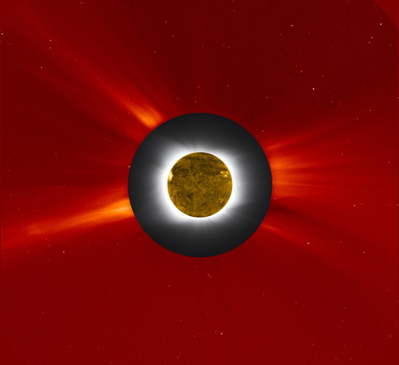 Eclipse 2010 Composite A solar eclipse photo (gray and white) from the Williams College Expedition to Easter Island in the South Pacific (July 11, 2010) was embedded with an image of the Sun’s outer corona taken by the Large Angle Spectrometric Coronagraph (LASCO) on the SOHO spacecraft and shown in red false color. LASCO uses a disk to blot out the bright sun and the inner corona so that the faint outer corona can be monitored and studied. Further, the dark silhouette of the moon was covered with an image of the Sun taken in extreme ultraviolet light at about the same time by the Atmospheric Imaging Assembly on Solar Dynamics Observatory (SDO). The composite brings out the correlation of structures in the inner and outer corona. Credits: Williams College Eclipse Expedition -- Jay M. Pasachoff, Muzhou Lu, and Craig Malamut; SOHO’s LASCO image courtesy of NASA/ESA; solar disk image from NASA’s SDO; compositing by Steele Hill, NASA Goddard Space Flight Center. NASA Goddard Space Flight Center is home to the nation's largest organization of combined scientists, engineers and technologists that build spacecraft, instruments and new technology to study the Earth, the sun, our solar system, and the universe.